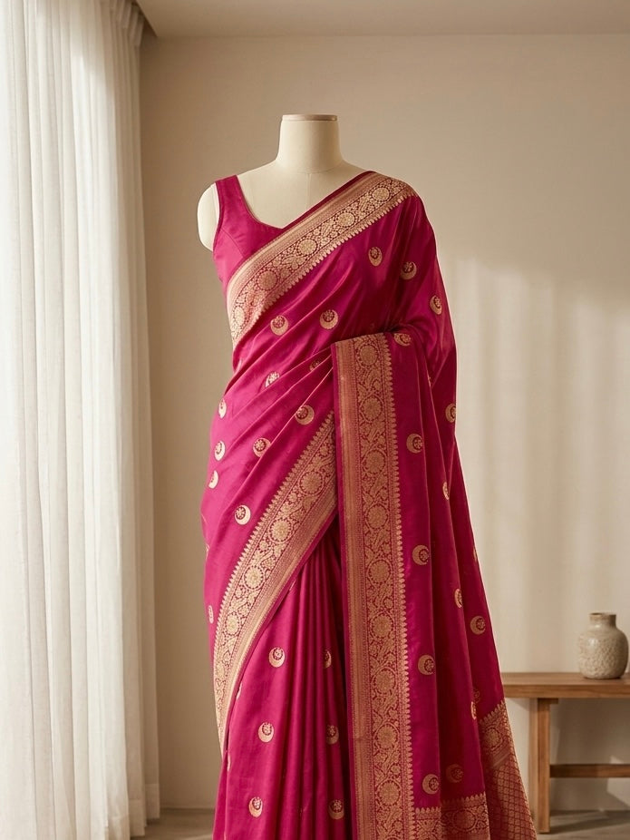 Banarasi Raw Mango Silk Saree in Chand Tara Design in Rani Color