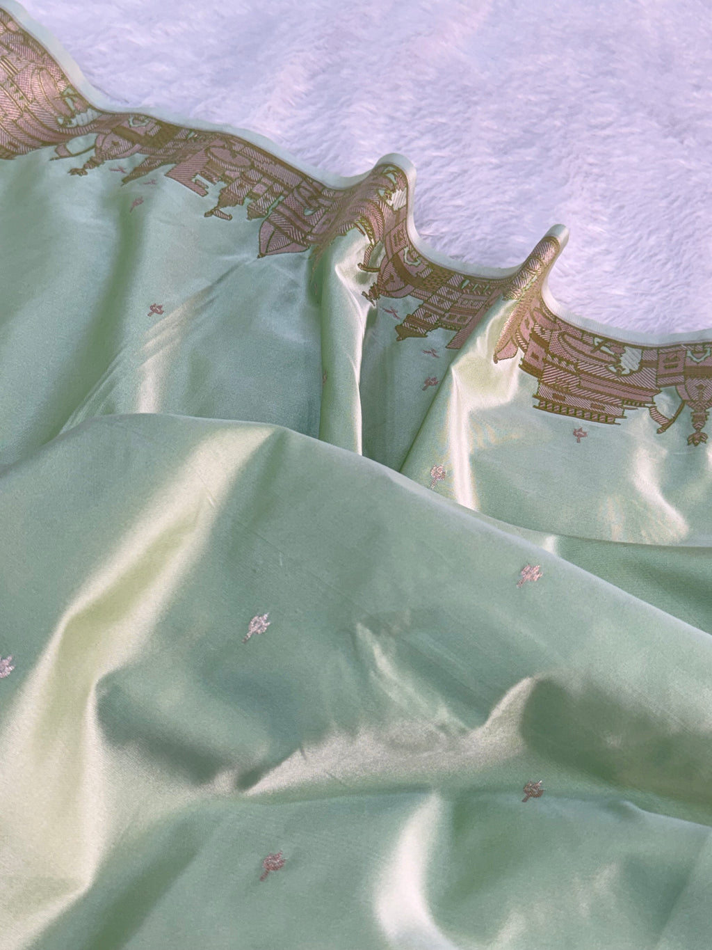 Banarasi Mashru Silk Saree with kashi ghat design in Light Pista color