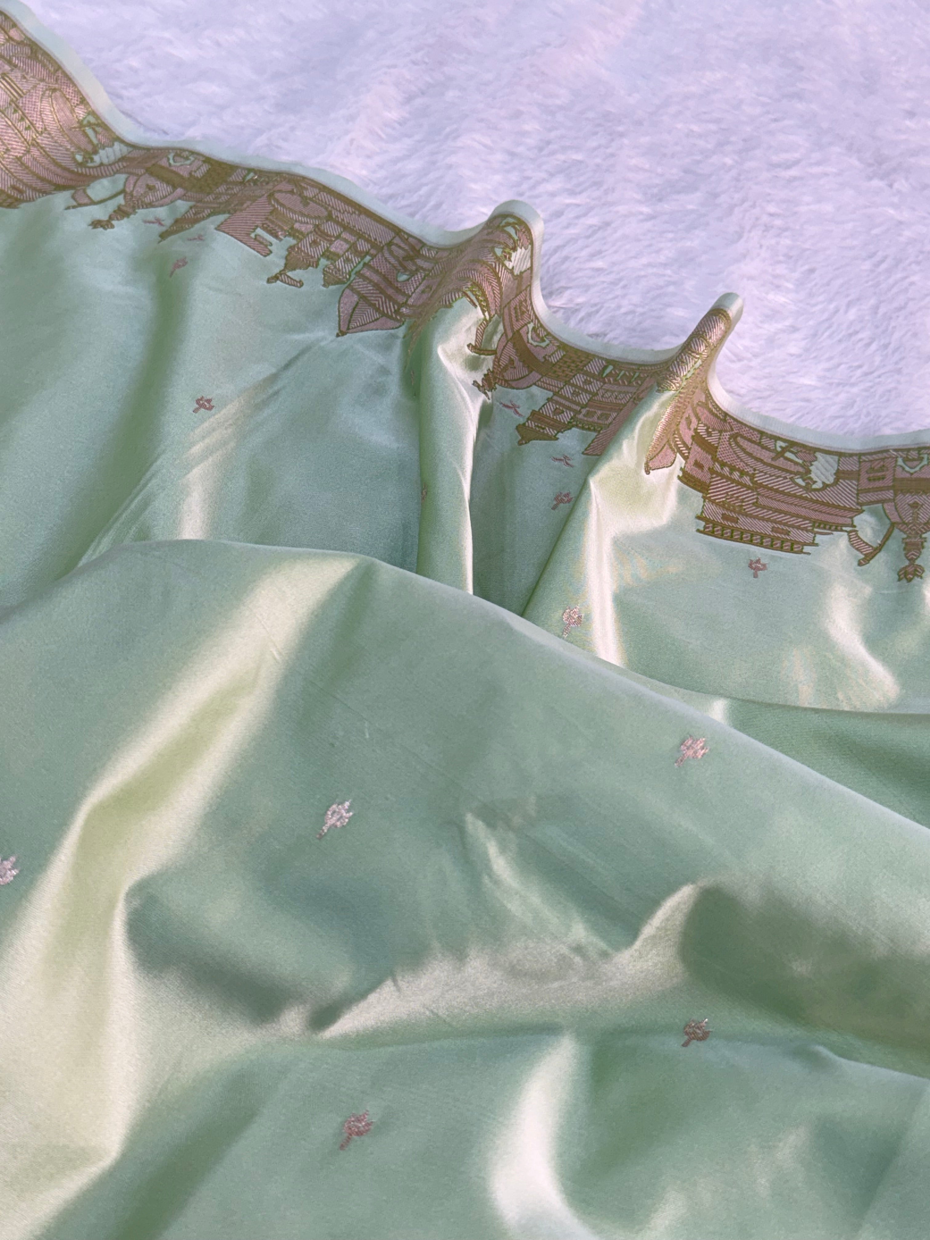 Banarasi Mashru Silk Saree with kashi ghat design in Light Pista color