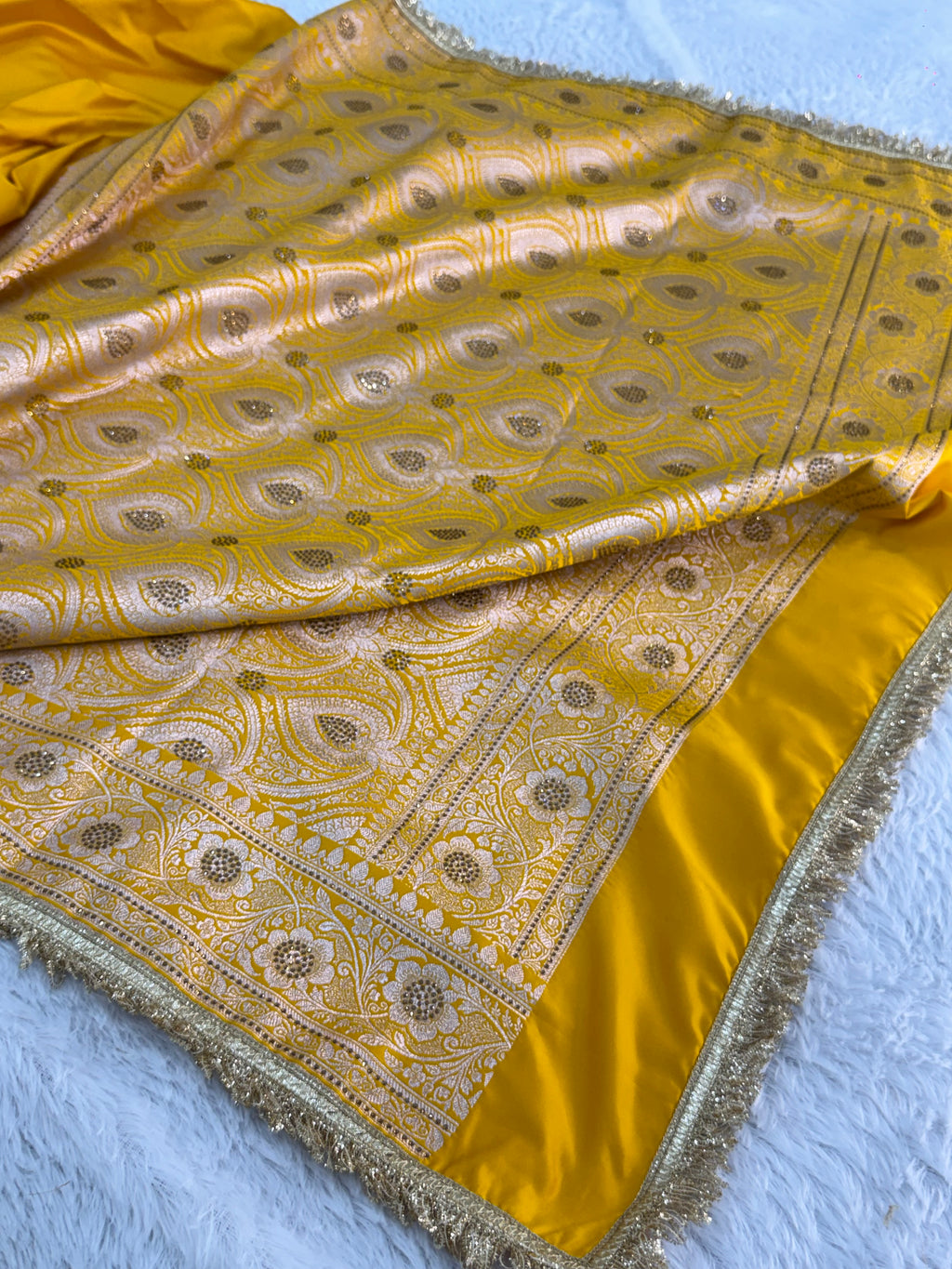 Bridal Banarasi Mashru Silk Saree with Stone Work In Border And Pallu, In Yellow Color