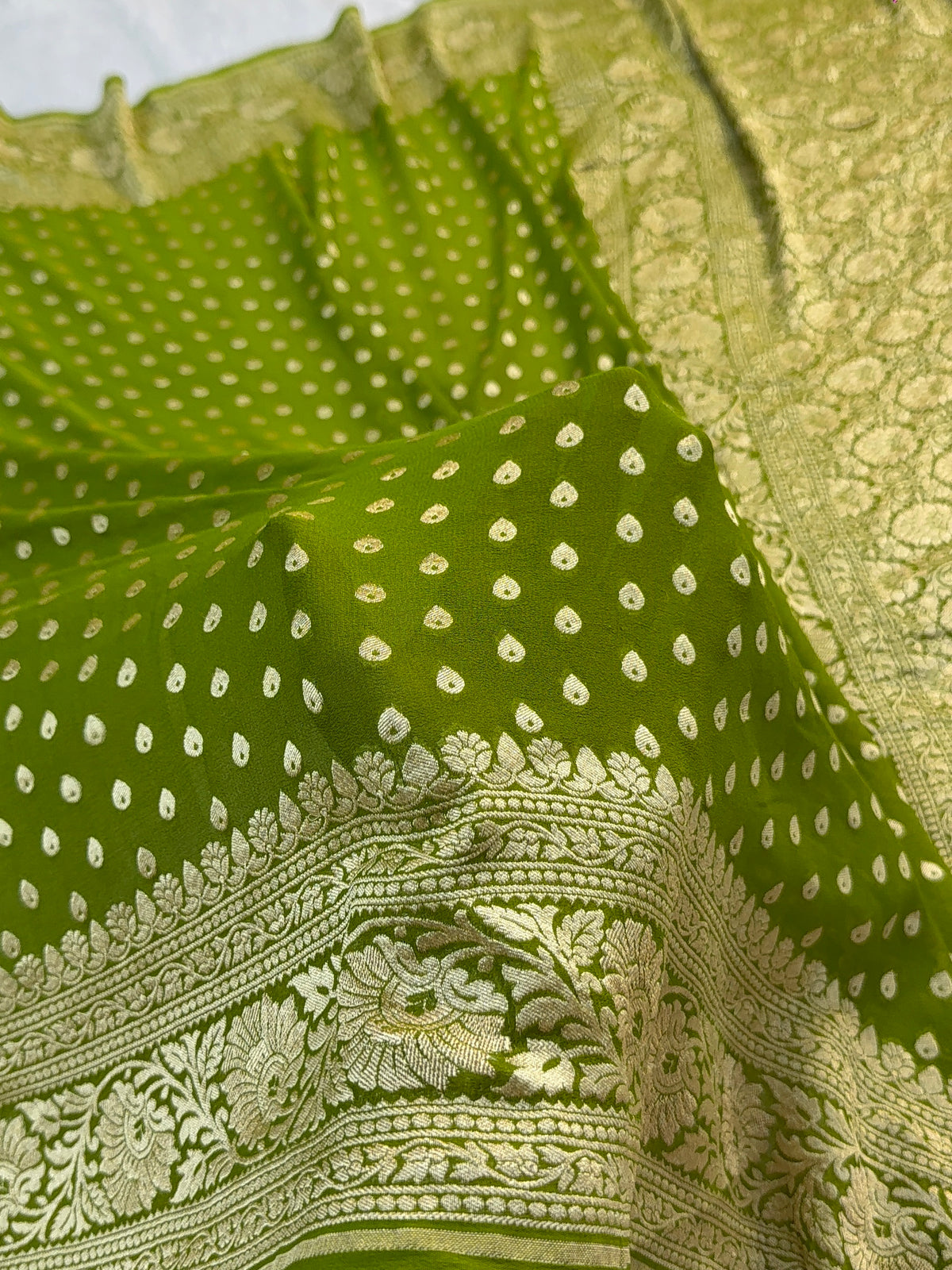 Banarasi Pure Khaddi Chiffon Saree in Border and Buti Design in Mango Green Colour