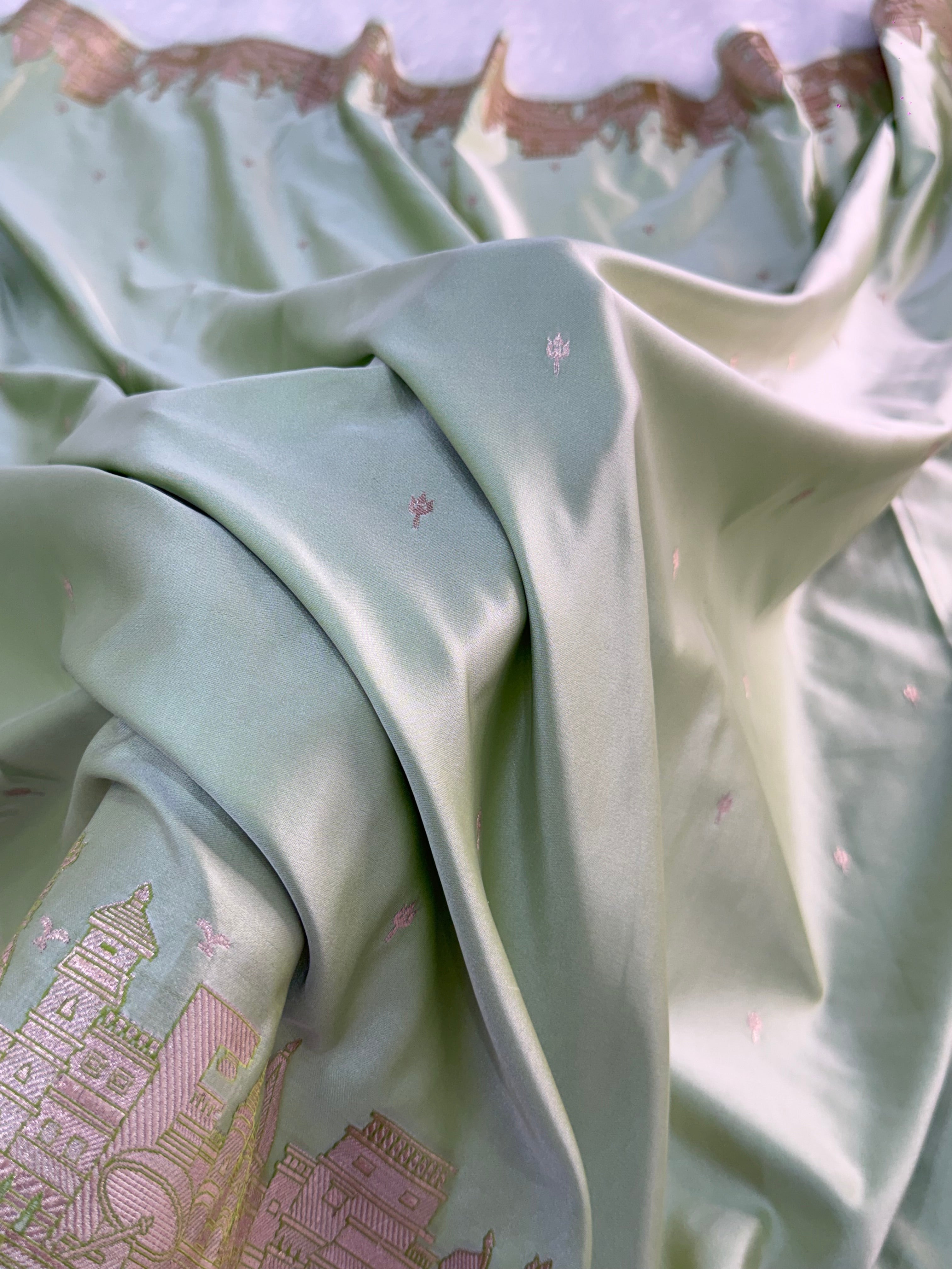 Banarasi Mashru Silk Saree with kashi ghat design in Light Pista color