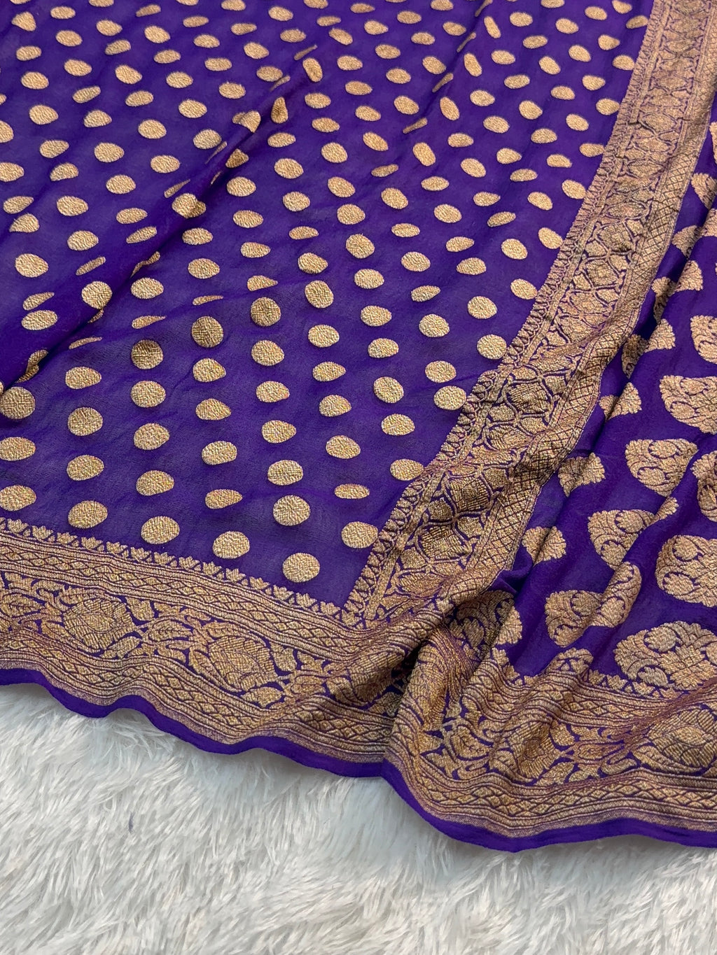 Banarasi Pure Khaddi Chiffon Saree  with Antique Zari Work In Small Circle Motifs Design in Deep Violet Colour