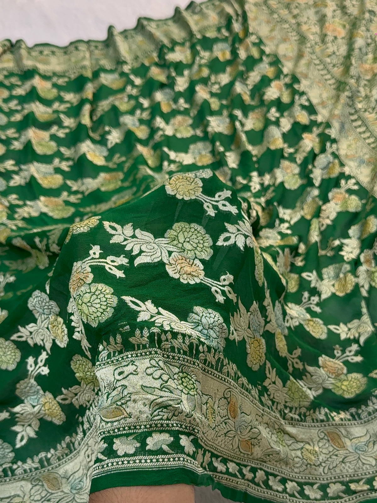 Banarasi Pure Khaddi Chiffon Saree  with Light Gold Zari Work In Floral Jaal Design with Meenakari by Handbrush in Dark Green Colour
