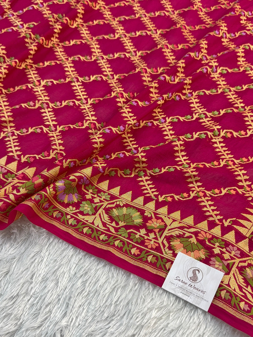 Banarasi Pure Khaddi Chiffon Saree with Meenakari Jaal Design in Rani Colour