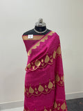 Pure Kora Silk Saree with Gold Zari weaving in Shot Rani Colour