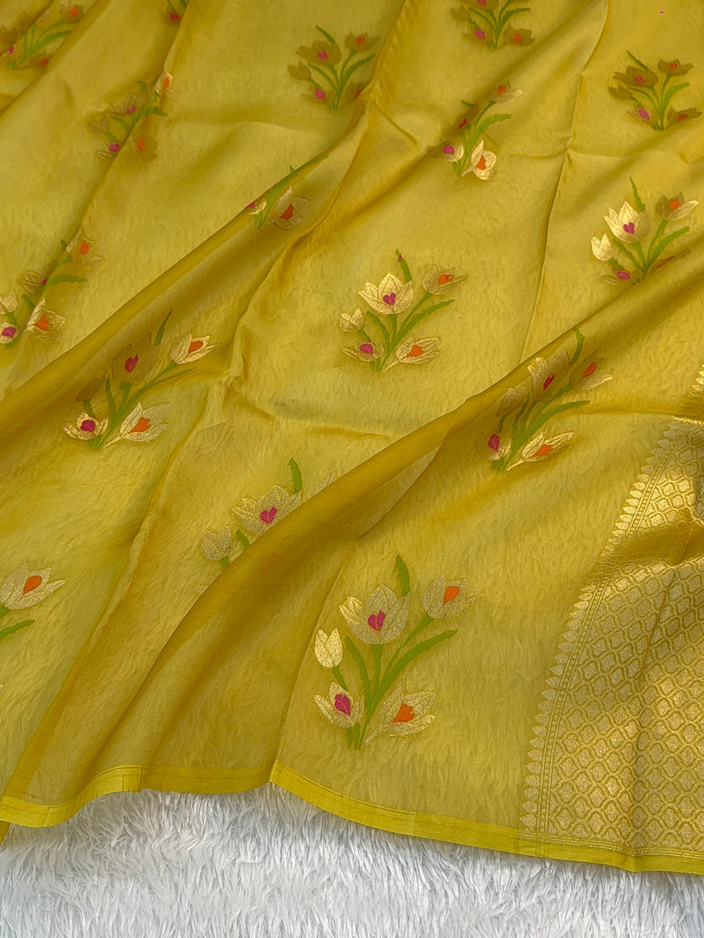 Pure Kora Silk Saree with Gold Zari and Meenakari Floral Motif Design in Yellow Colour