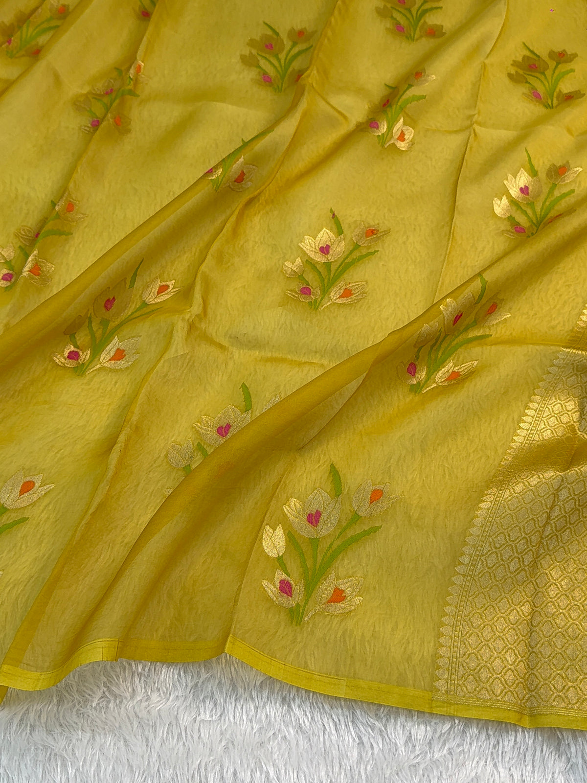 Pure Kora Silk Saree with Gold Zari and Meenakari Floral Motif Design in Yellow Colour