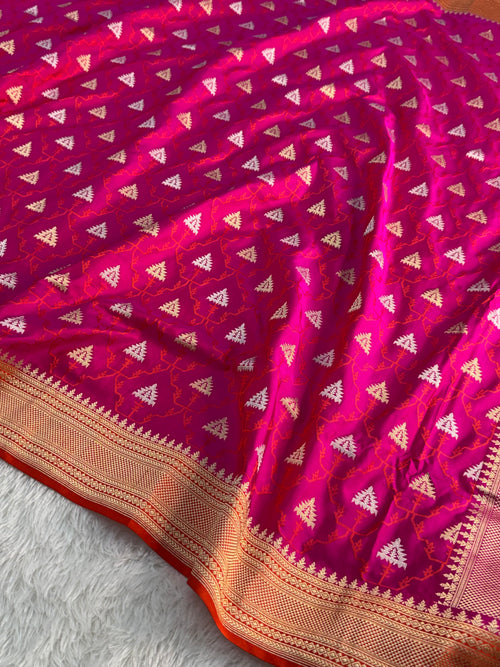 Banarasi Kadhua Handwoven Pure Katan Silk Saree in Silver and Golden Zari Work