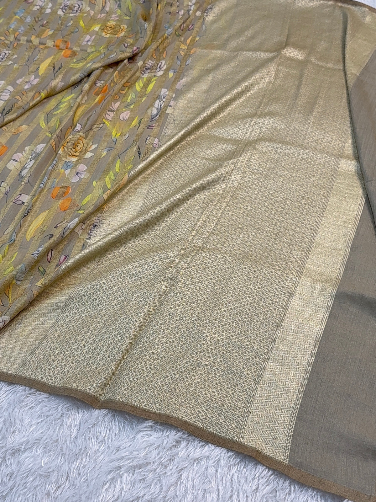 Pure Monga Silk saree with Digital Print Design and Vertical Stripes Zari Work