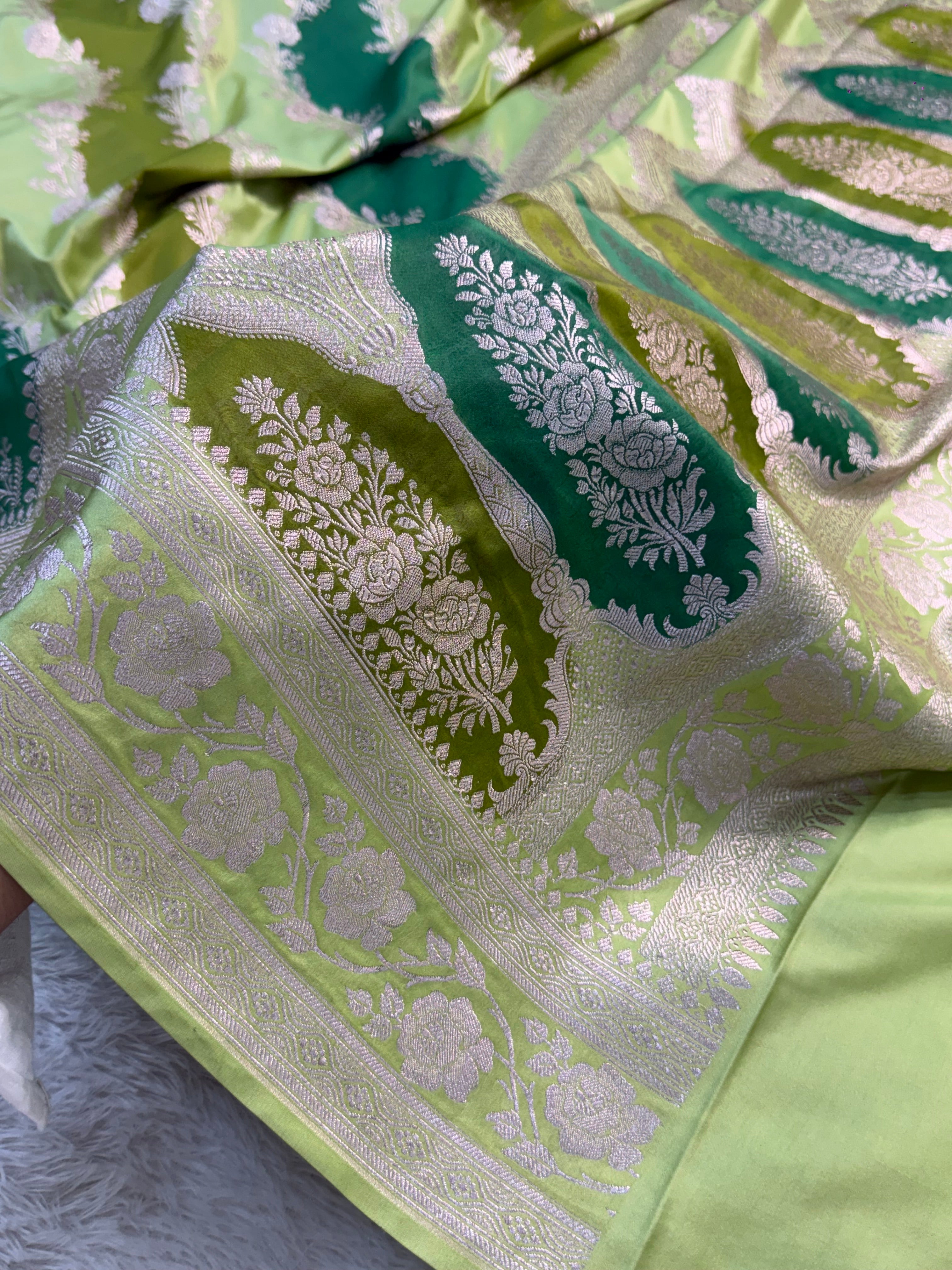 Banarasi mashru silk rangkat saree in aada pattern design in Light And Dark Green colour