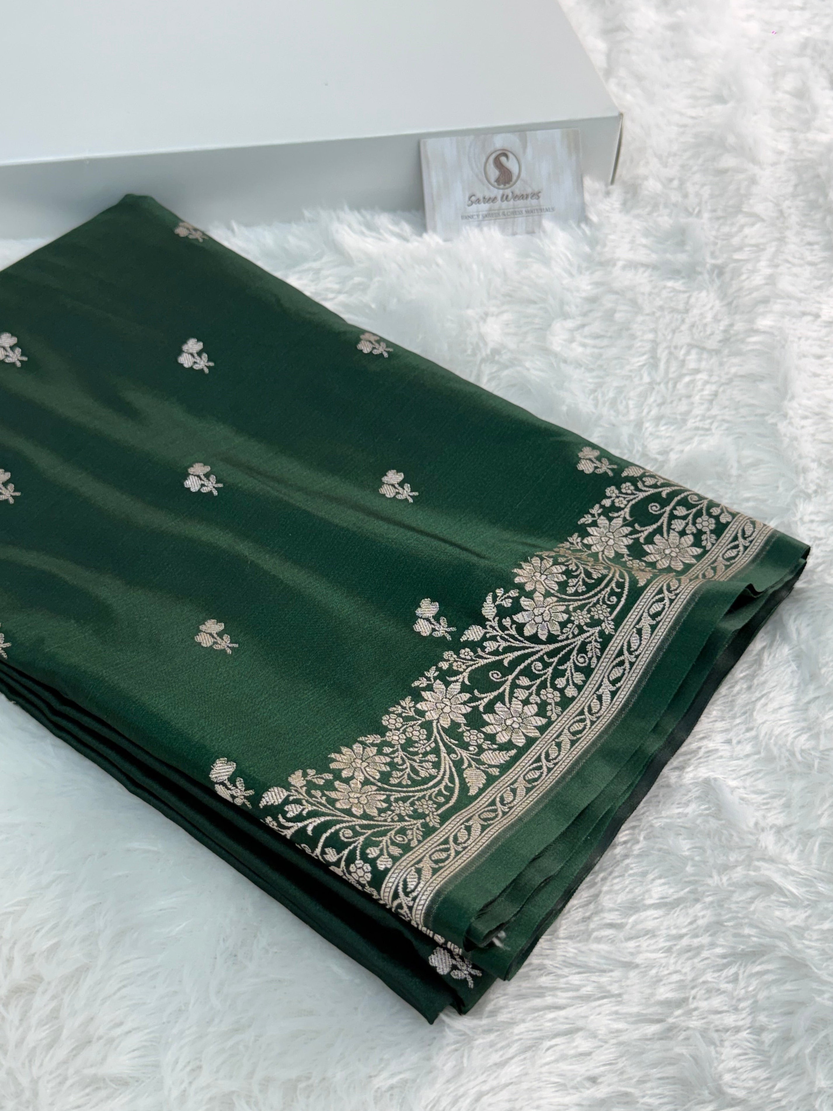 Mashru Silk Banarasi Border Buti Saree in Bottle Green color