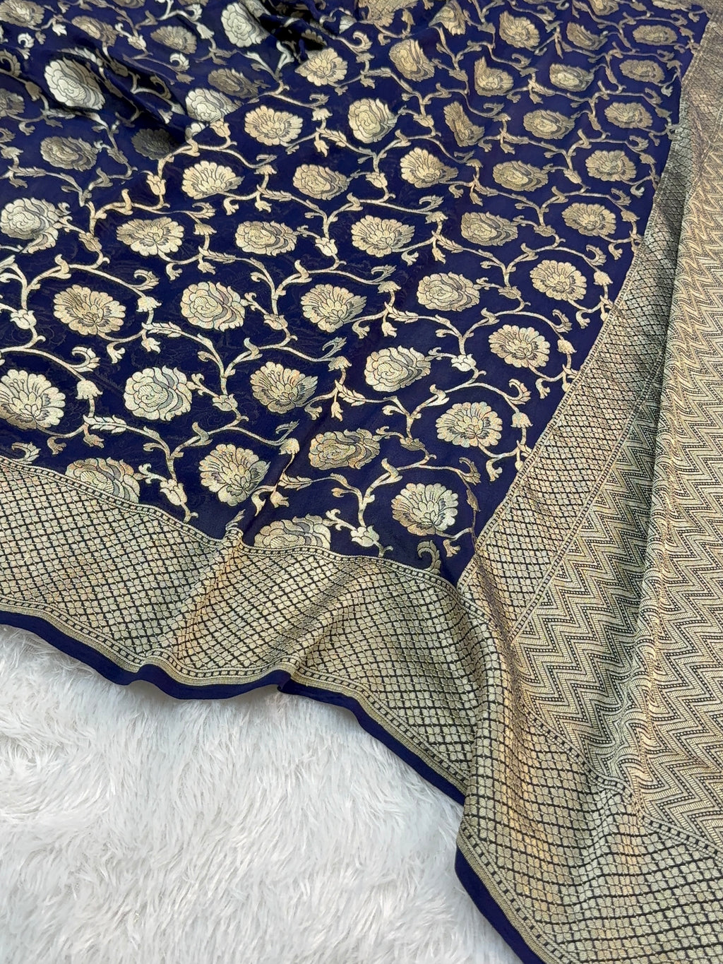 Banarasi Pure Khaddi Chiffon Saree with Light Gold Zari Work with Floral Jaal Design In Navy Blue Colour