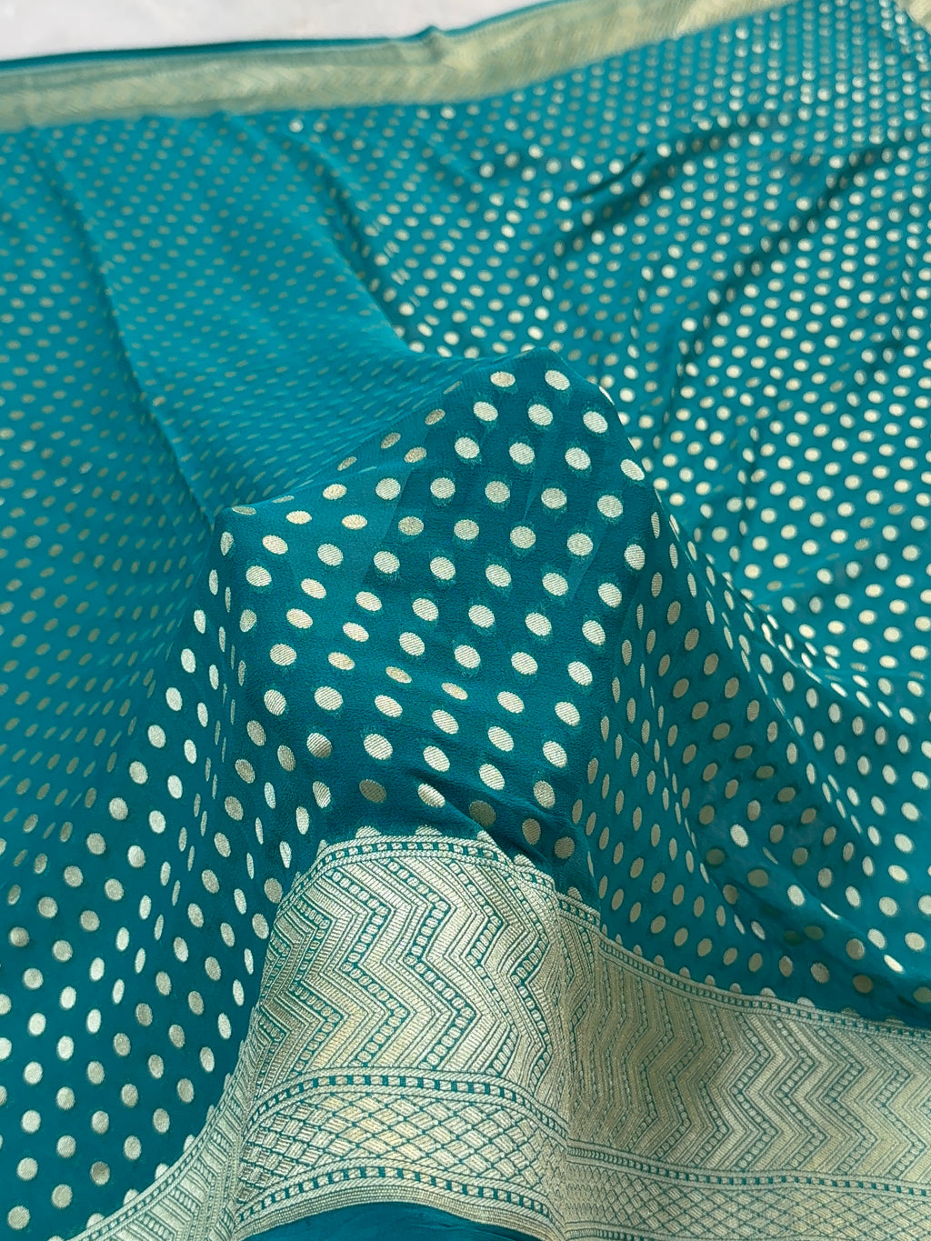 Banarasi Pure Khaddi Chiffon Saree  with Light Gold Zari Work with dot-dot Motifs Pattern Design in Sea Green Colour