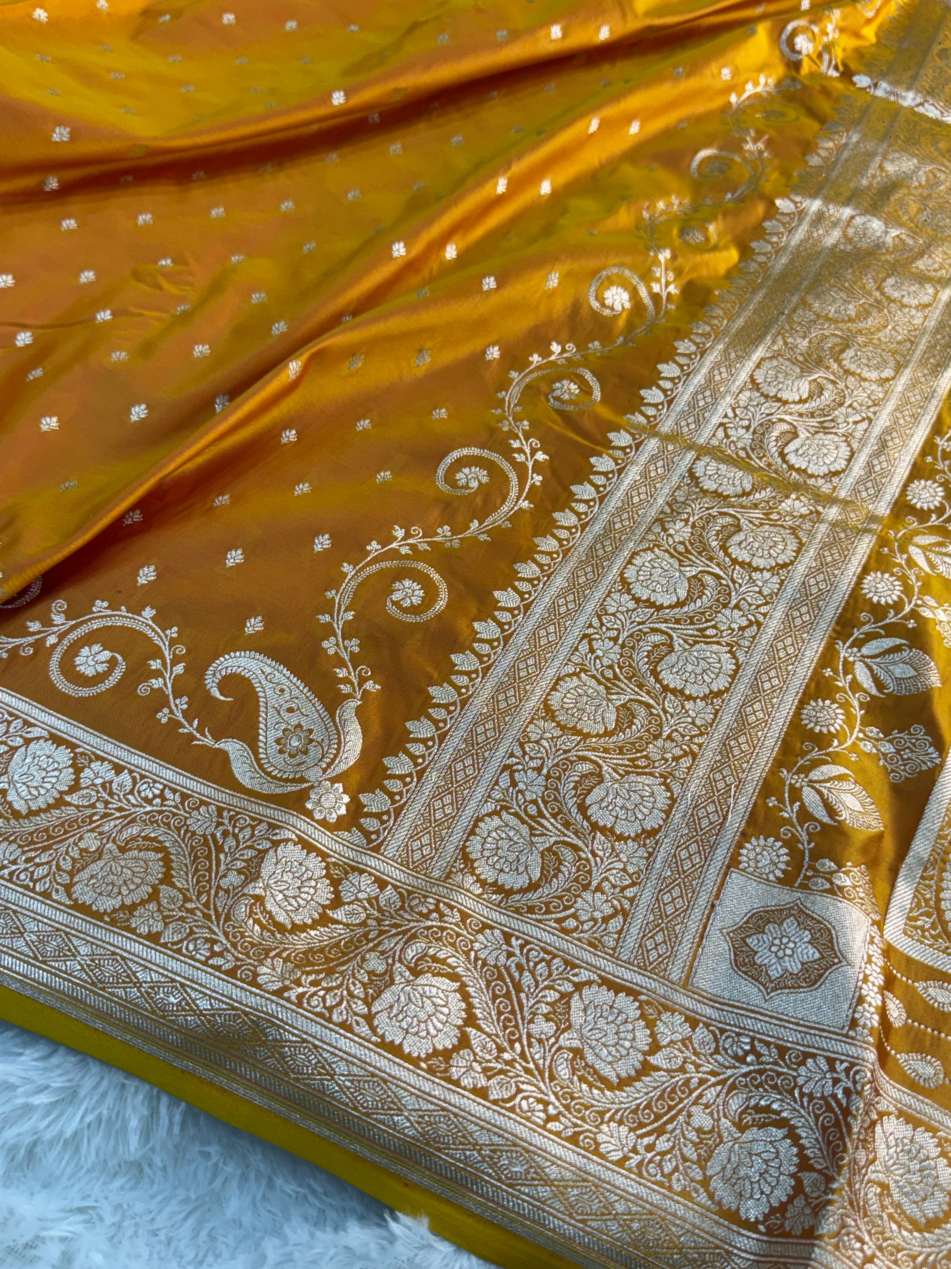 Banarasi Mashru Silk Saree Intricate Buti Design in Dual tone Mustard and Orange Colour