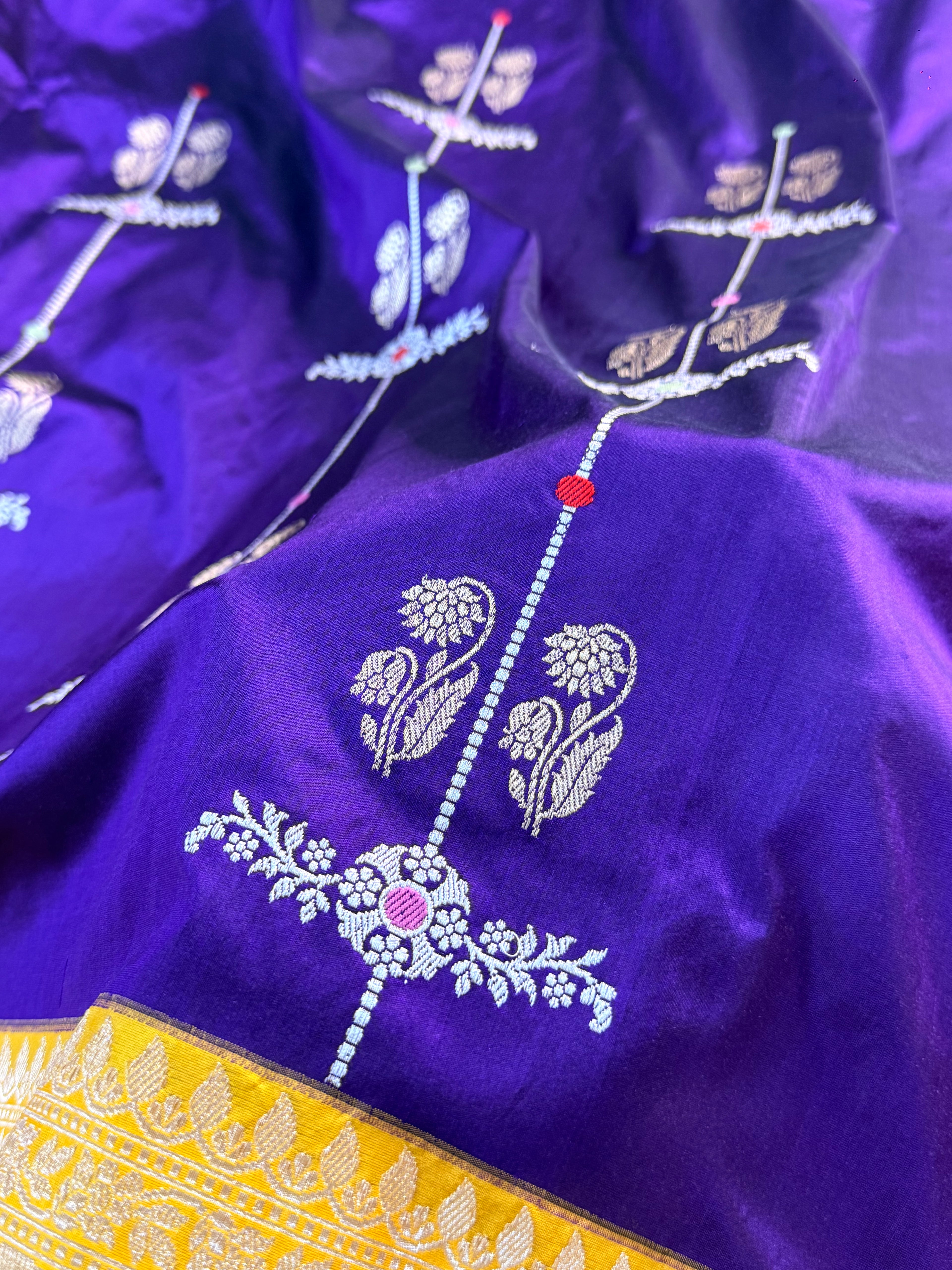 Banarasi pure katan silk saree in Magenta color with Yellow border in vertical Buta stripes, Light gold Zari coated with pure silver