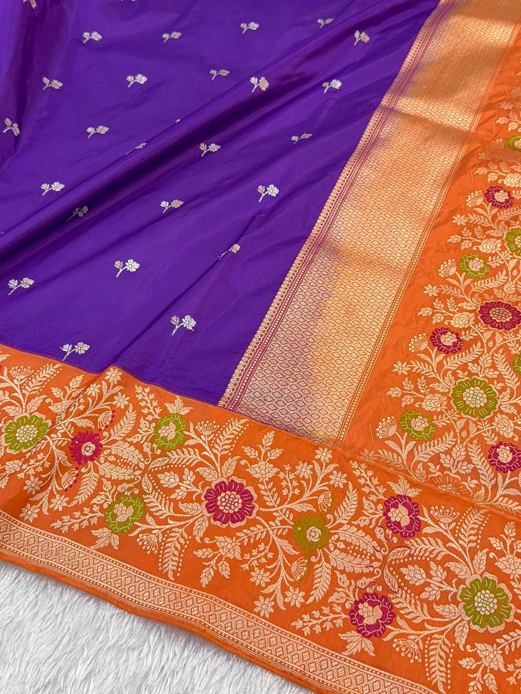 Handwoven pure Katan Silk Saree in Purple Colour in Motifs design With Saperatively Woven Contrast Border with Meenakari Jaal Design in Orange Colour