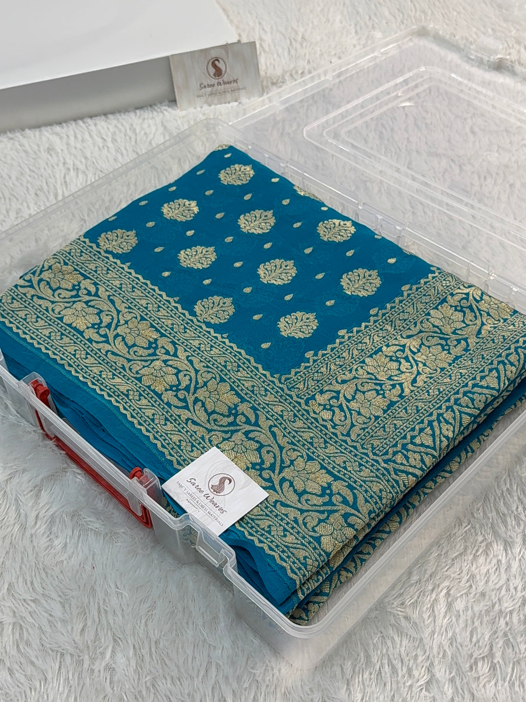 Banarasi Pure Khaddi Chiffon Saree in Buta and Buti Design in Peacock Blue Colour