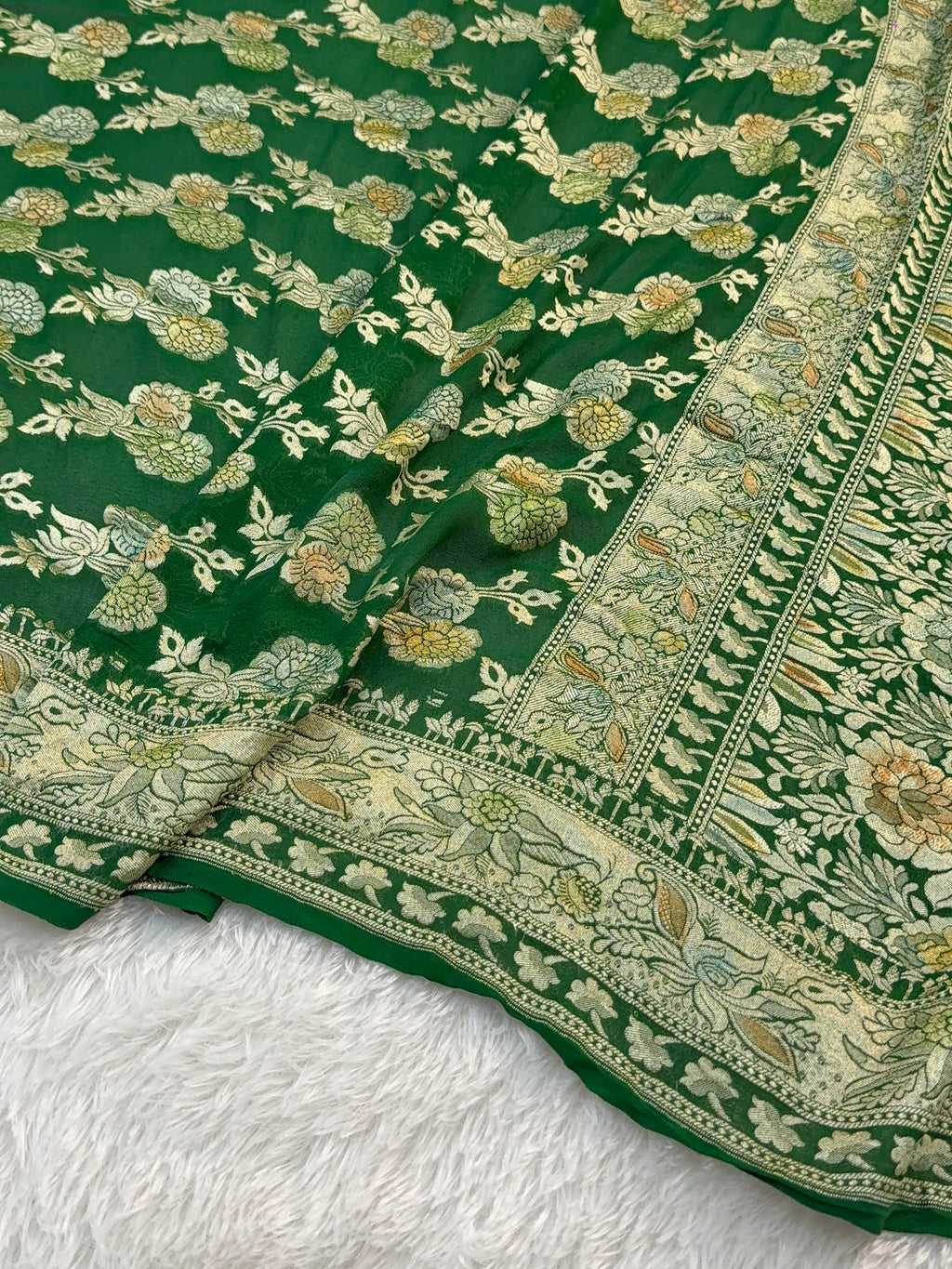 Banarasi Pure Khaddi Chiffon Saree  with Light Gold Zari Work In Floral Jaal Design with Meenakari by Handbrush in Dark Green Colour