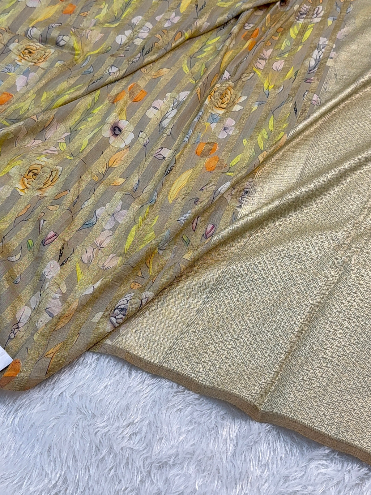 Pure Monga Silk saree with Digital Print Design and Vertical Stripes Zari Work