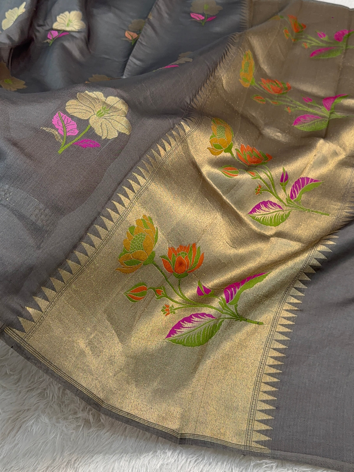 Pure Raw Mango Silk Saree with Meenakari Floral Buta Design in Grey Colour