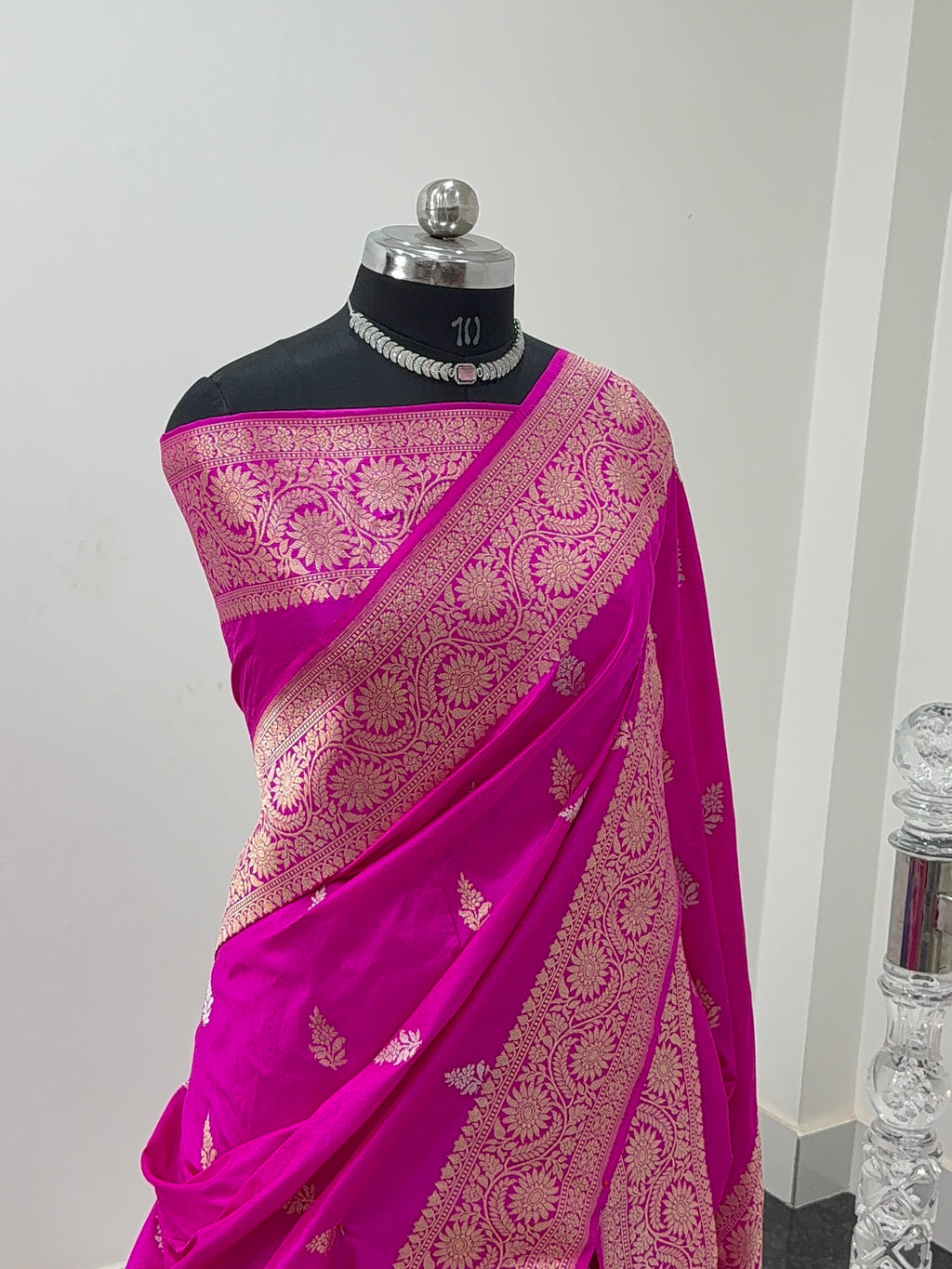 Handwoven pure katan silk saree with interlock weaving motifs with intricate silver and gold zari in a Rani Pink colour