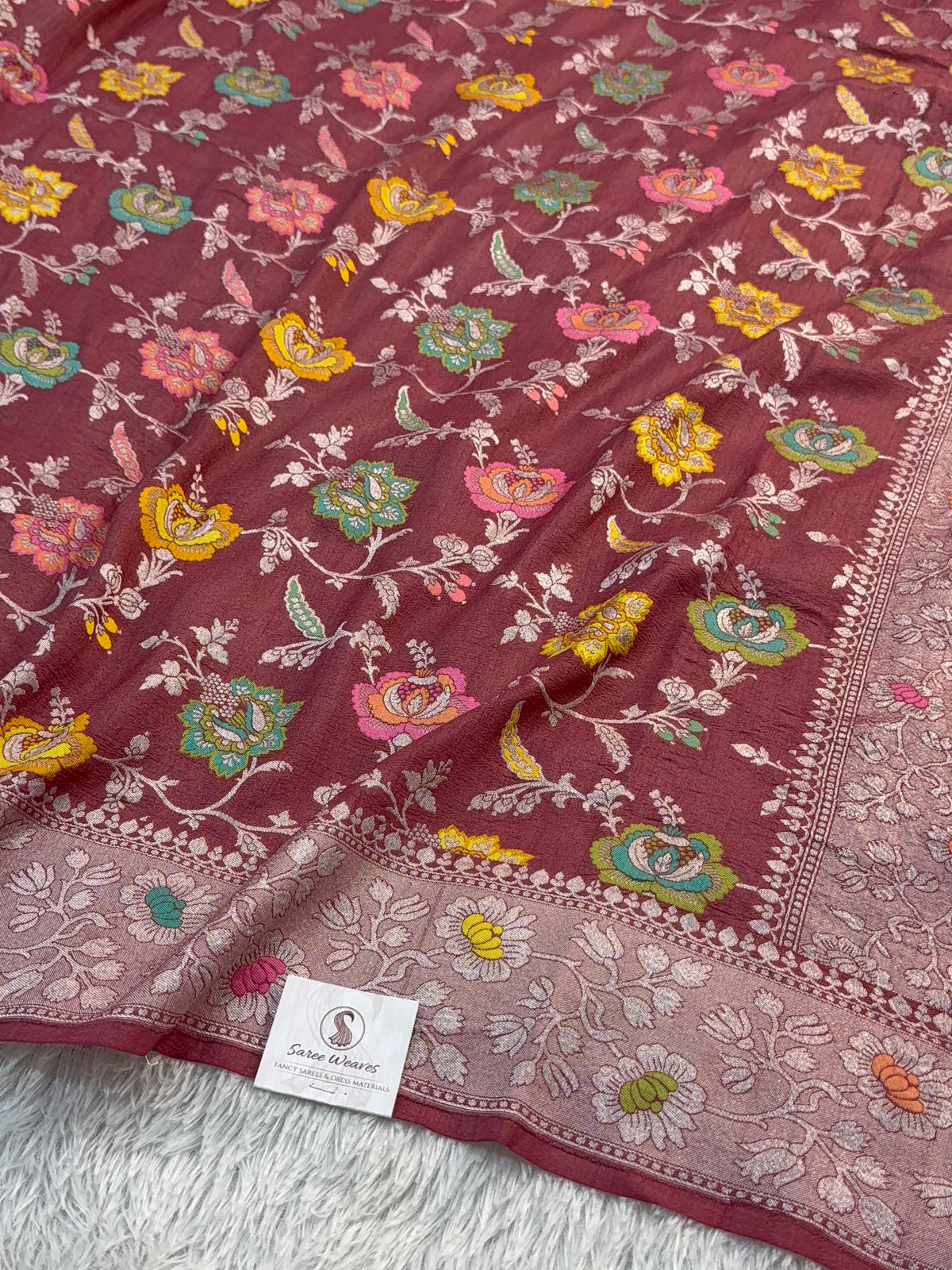 Pure Desi Tussar Silk Saree with Meenakari Floral Jaal Pattern in Wine Colour