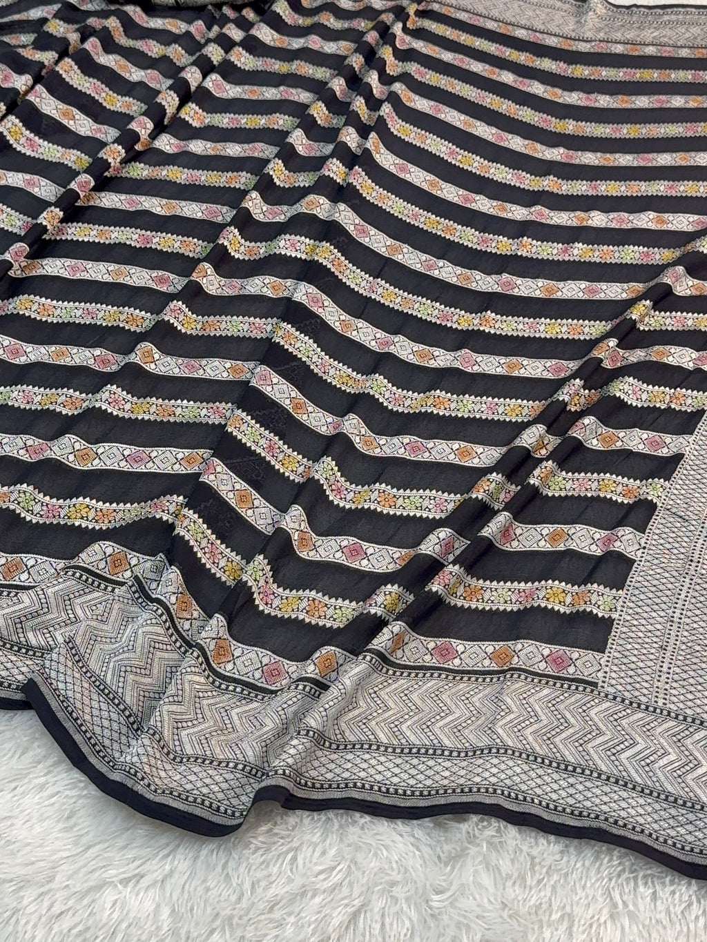 Banarasi Pure Khaddi Chiffon Saree  with Silver Zari Work In Horizontal stripes pattern Design with Meenakari by hand brush in Black Colour