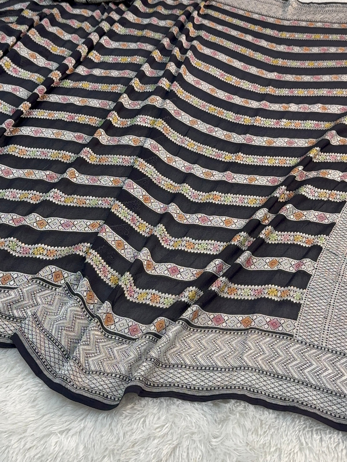 Banarasi Pure Khaddi Chiffon Saree  with Silver Zari Work In Horizontal stripes pattern Design with Meenakari by hand brush in Black Colour