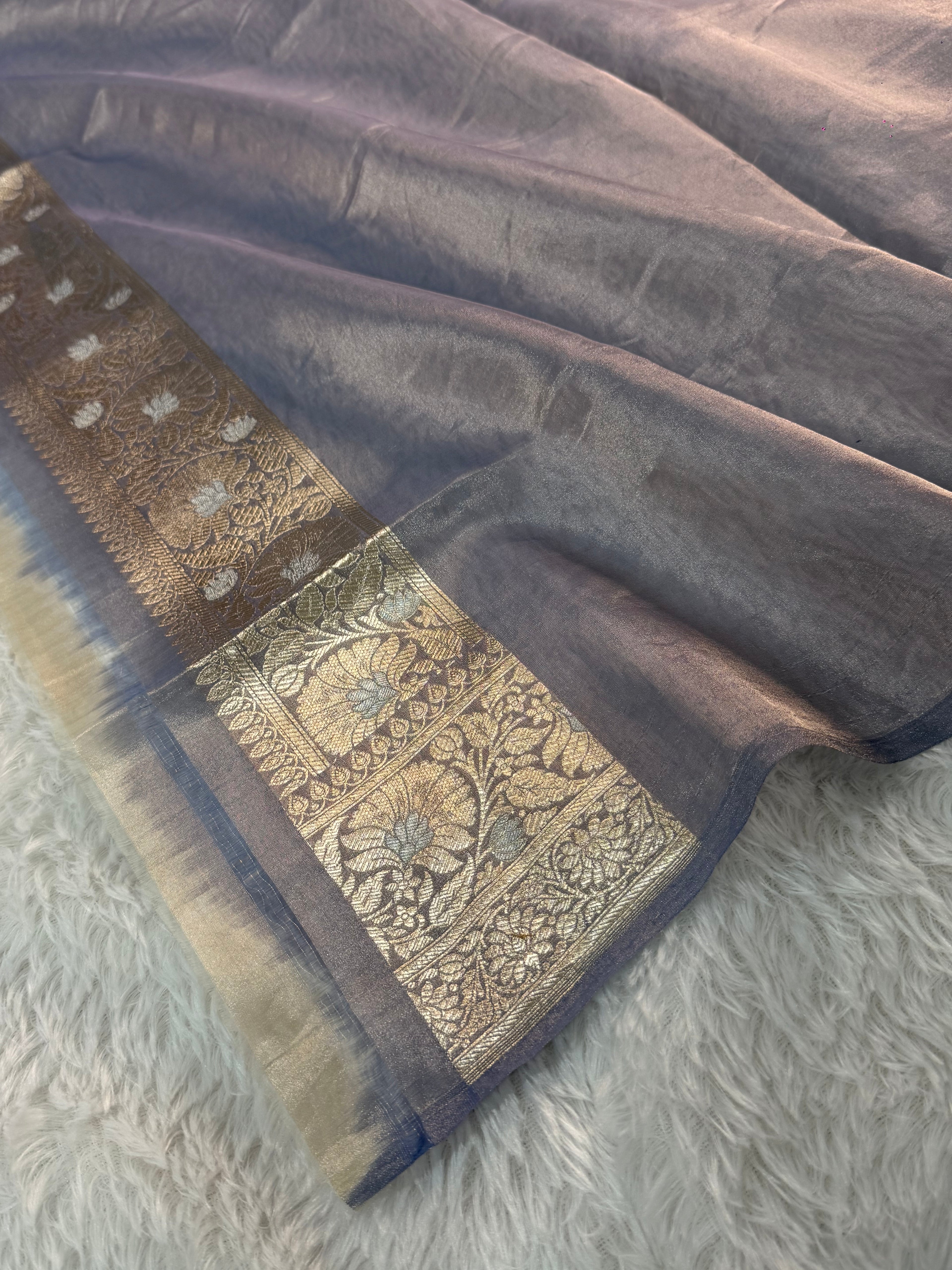 Banarasi Pure Tissue Silk Saree with silver and gold Zari work in Dark Grey Colour