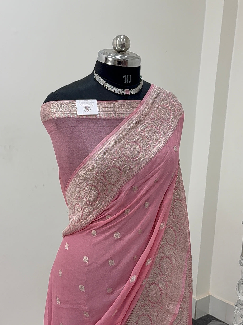 Banarasi Pure Khaddi Chiffon Saree  in Silver Zari with Small Interlocked Motifs Design in Peach Colour