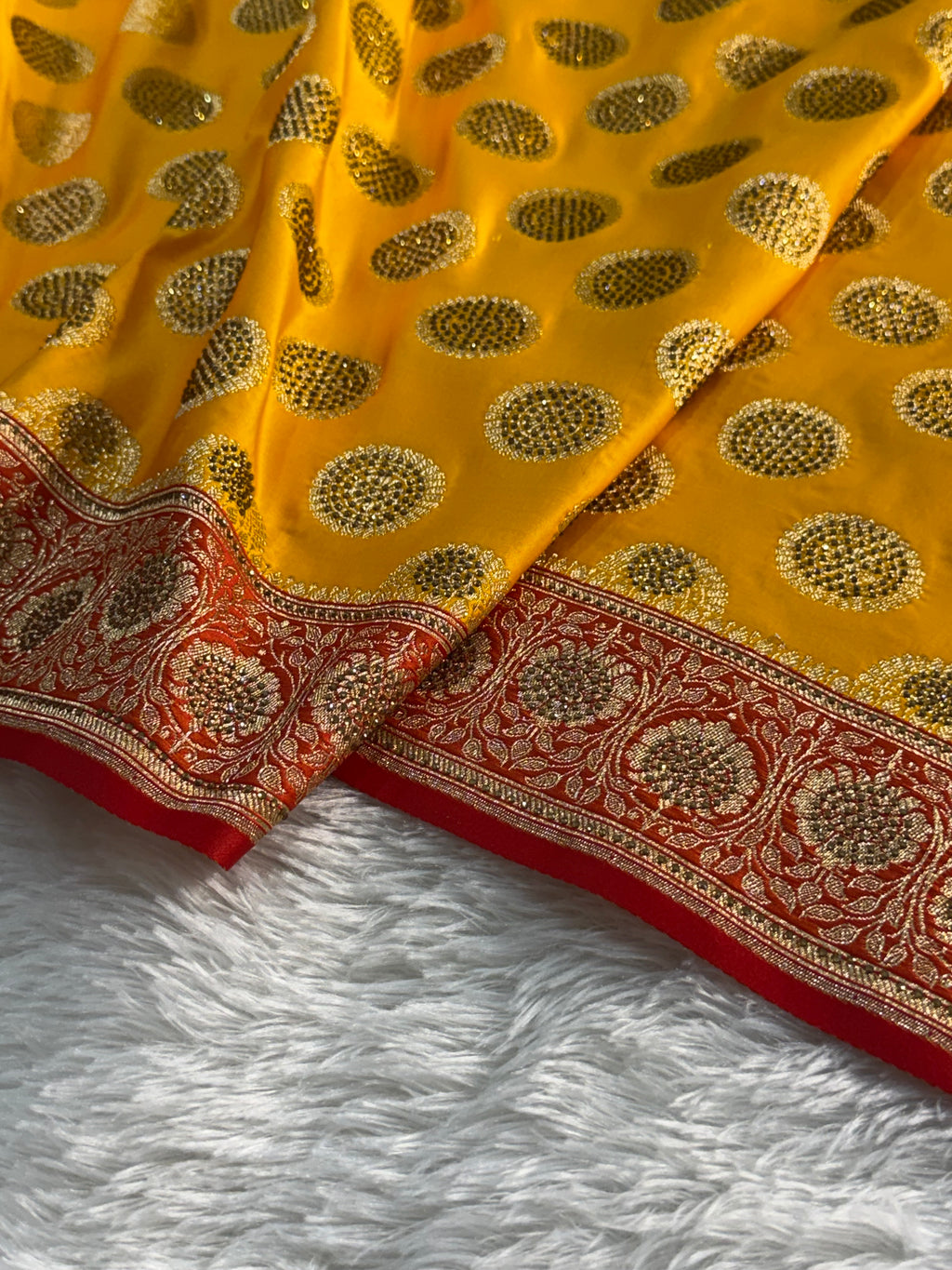 Bridal Mashru Silk Saree with Swaroski Gola work in all over in contrast colour