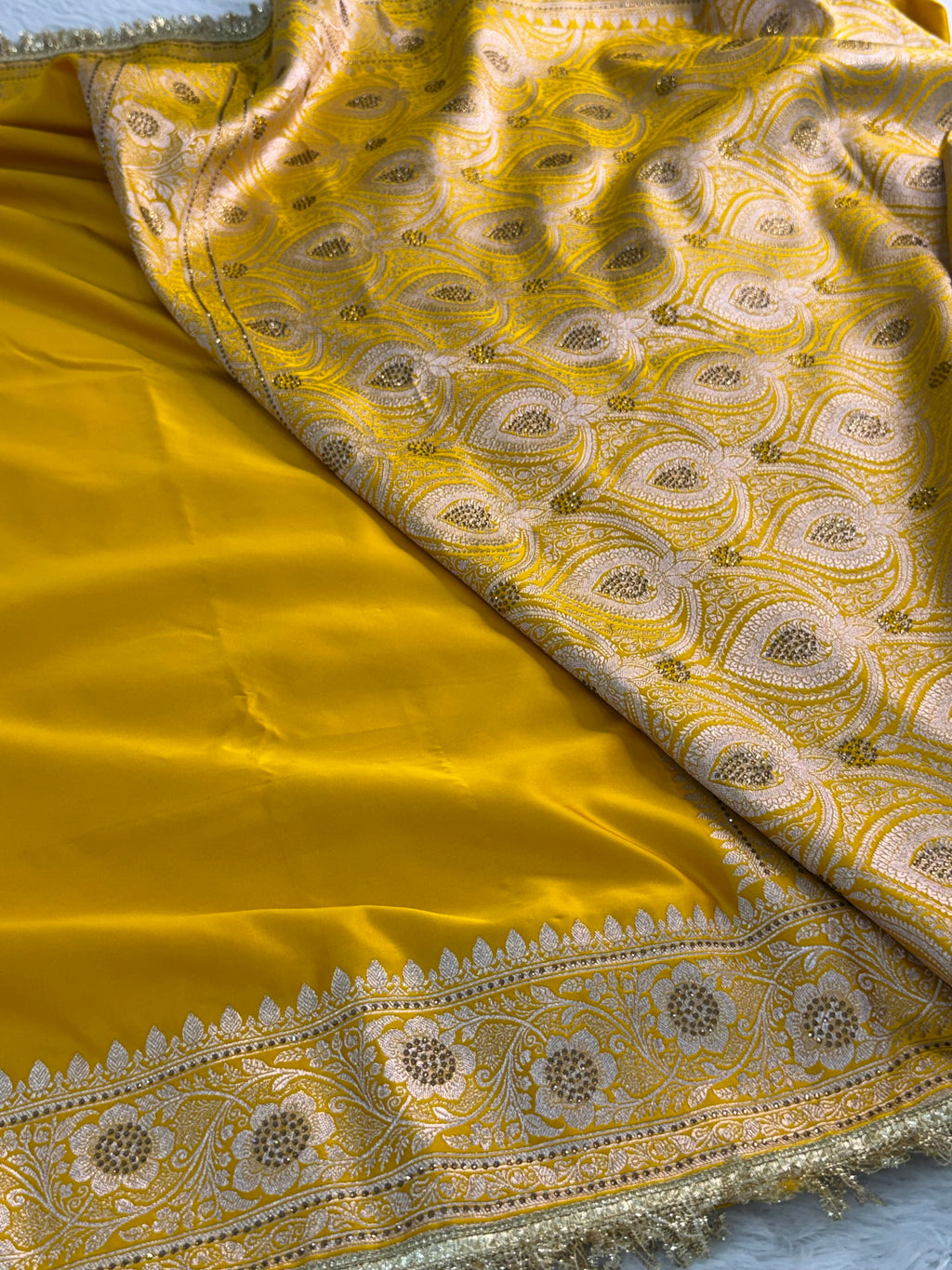 Bridal Banarasi Mashru Silk Saree with Stone Work In Border And Pallu, In Yellow Color