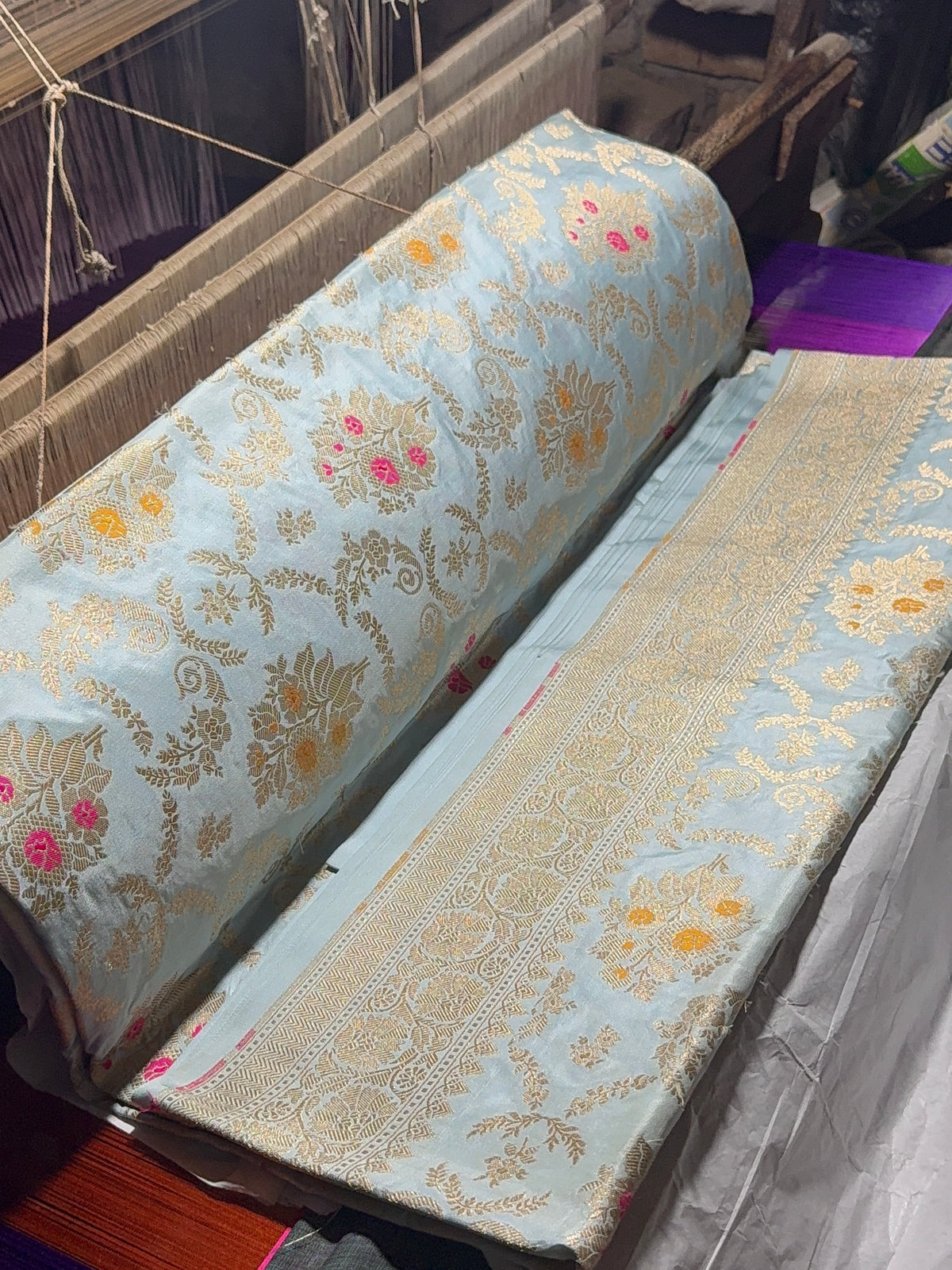 Banarasi pure katan silk saree with meenakari jaal design in Powder Blue color