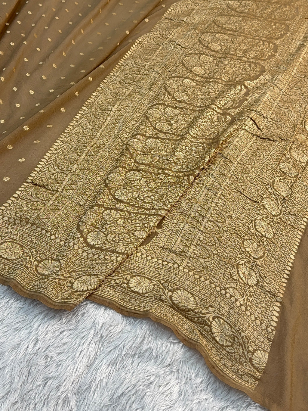 Banarasi Pure Khaddi Chiffon Saree in Border and Buti Design in Camel Brown Colour
