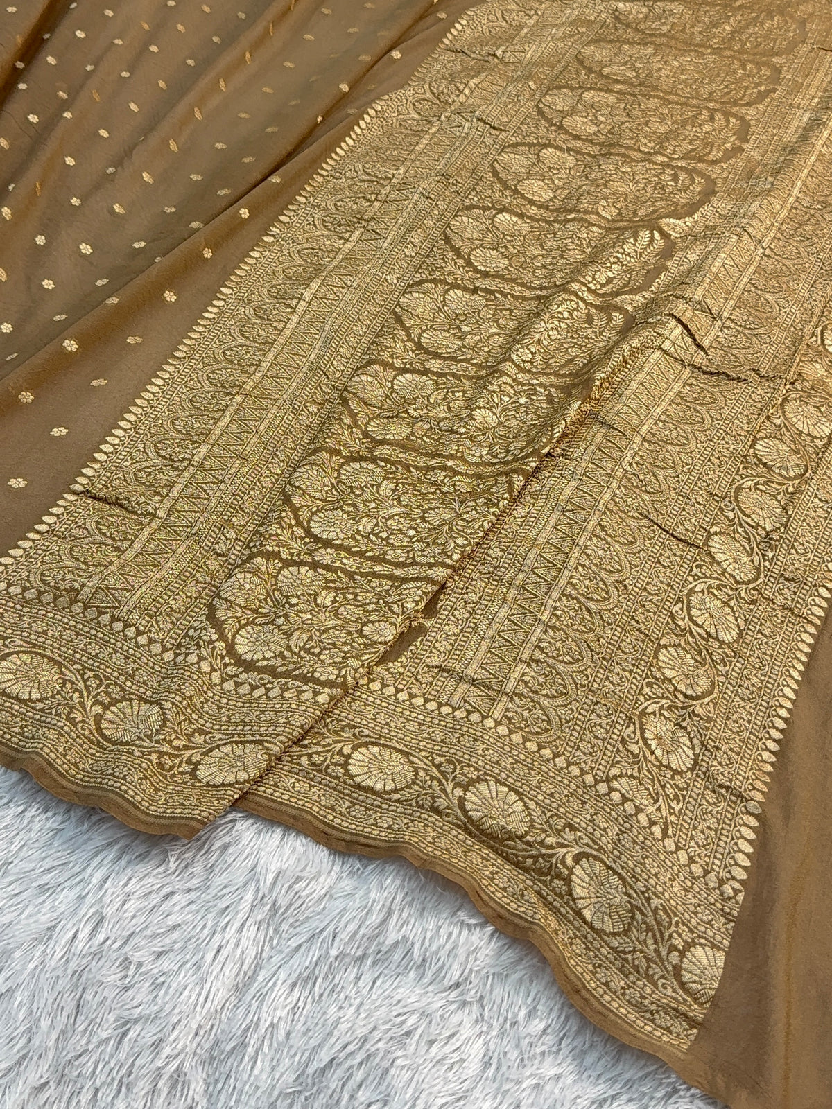 Banarasi Pure Khaddi Chiffon Saree in Border and Buti Design in Camel Brown Colour