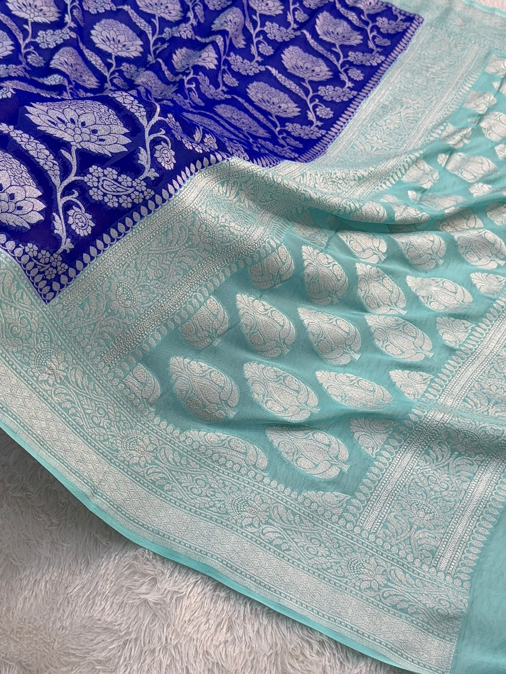 Banarasi Pure Khaddi Chiffon Saree  with Silver Zari Work In Floral Jaal Design in Royal Blue and Light Sea Green Colour Combination