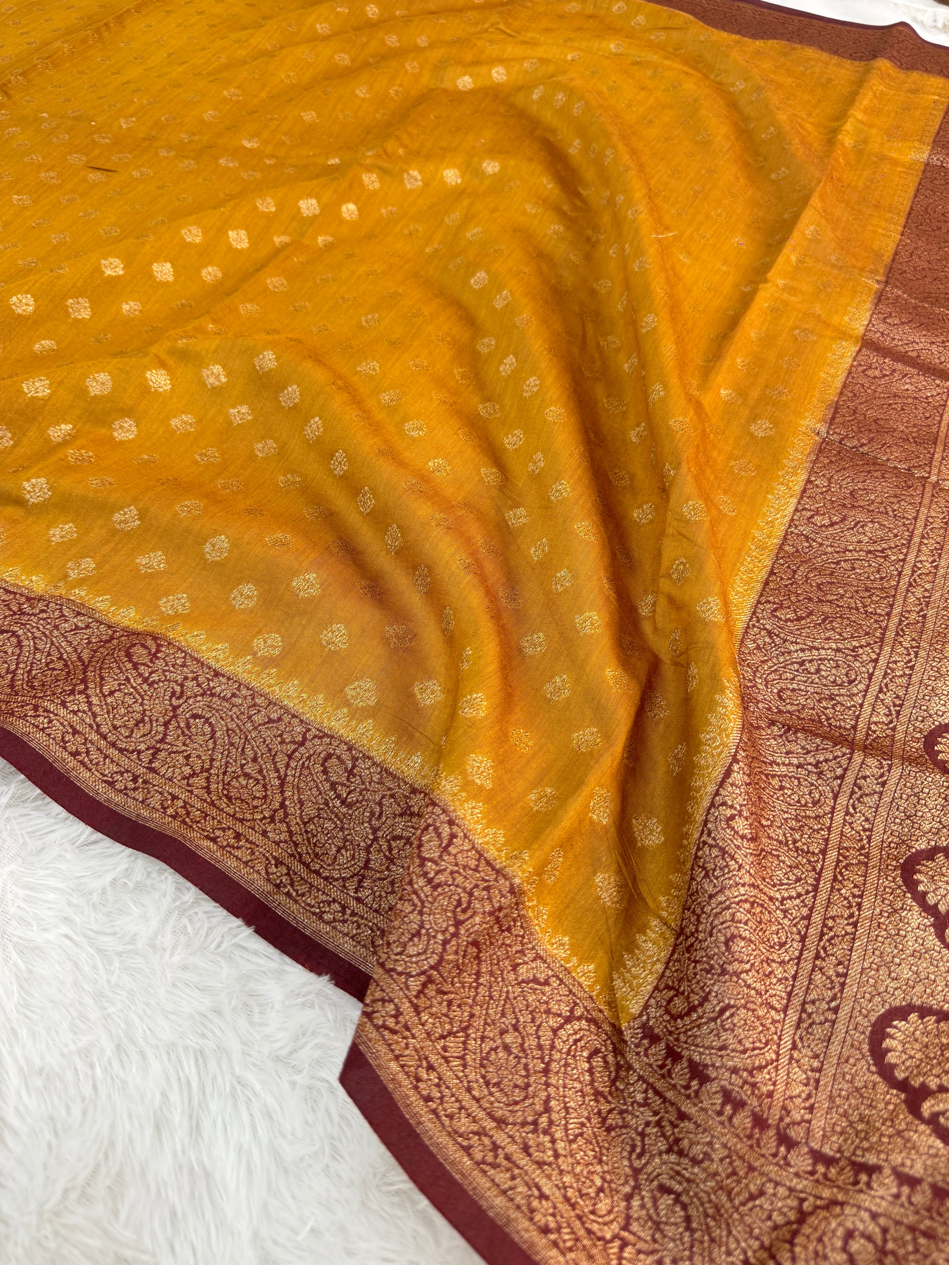 Banarasi Pure Monga Silk saree in contrast mustard and maroon color combination