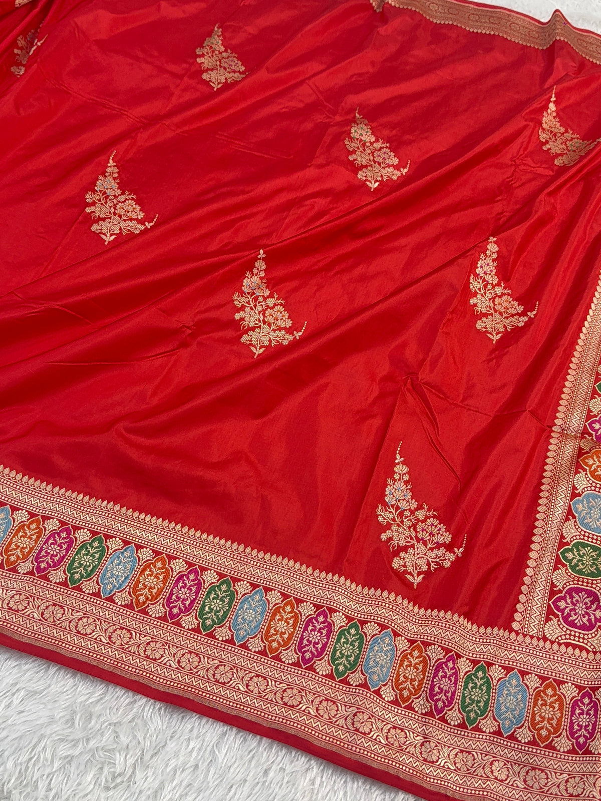 Handwoven Pure Katan Silk Saree in Large Motifs Design with Meenakari in high Percentage Zari Work in Red Colour