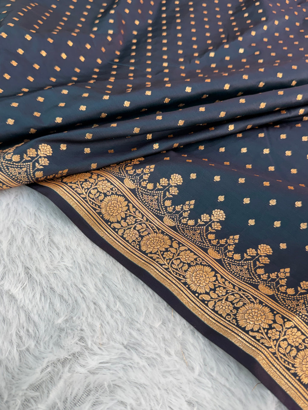 Mashru katan Silk Saree With Buti Design In peacock Colour