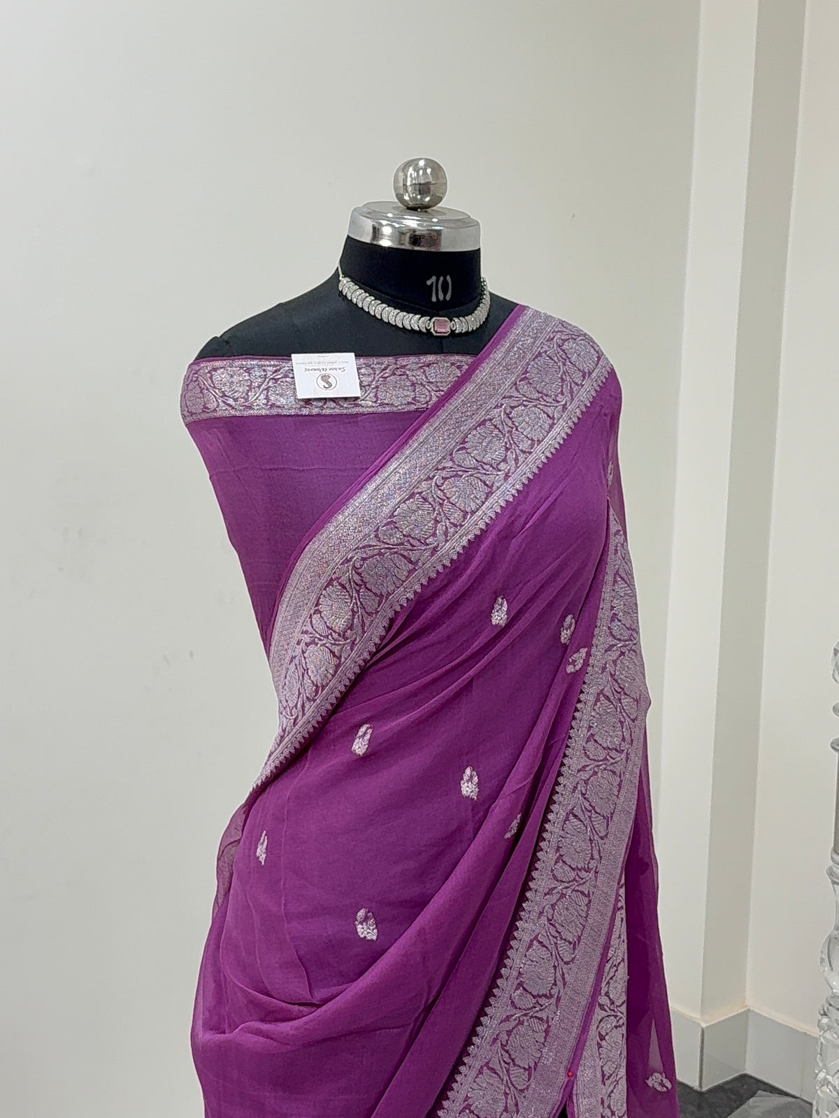 Banarasi Pure Khaddi Chiffon Saree  in Silver Zari with Small Interlocked Motifs Design in Royal Purple Colour