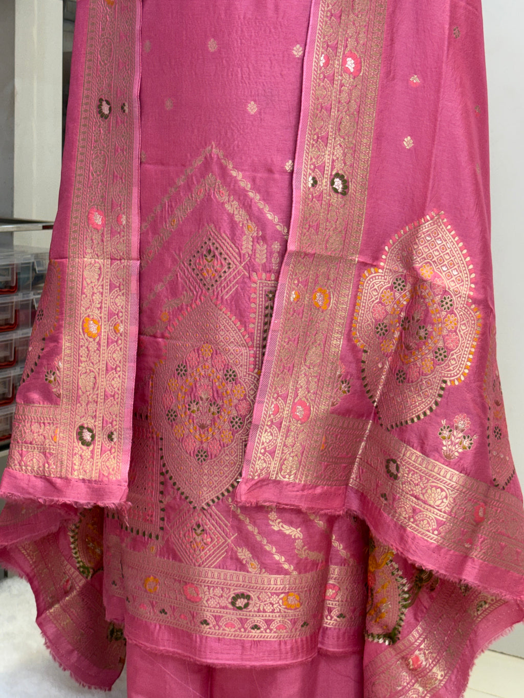 Pure Viscose Meenakari 3 piece Suit with Zari Work with Heavy Dupatta in Rusty pink color