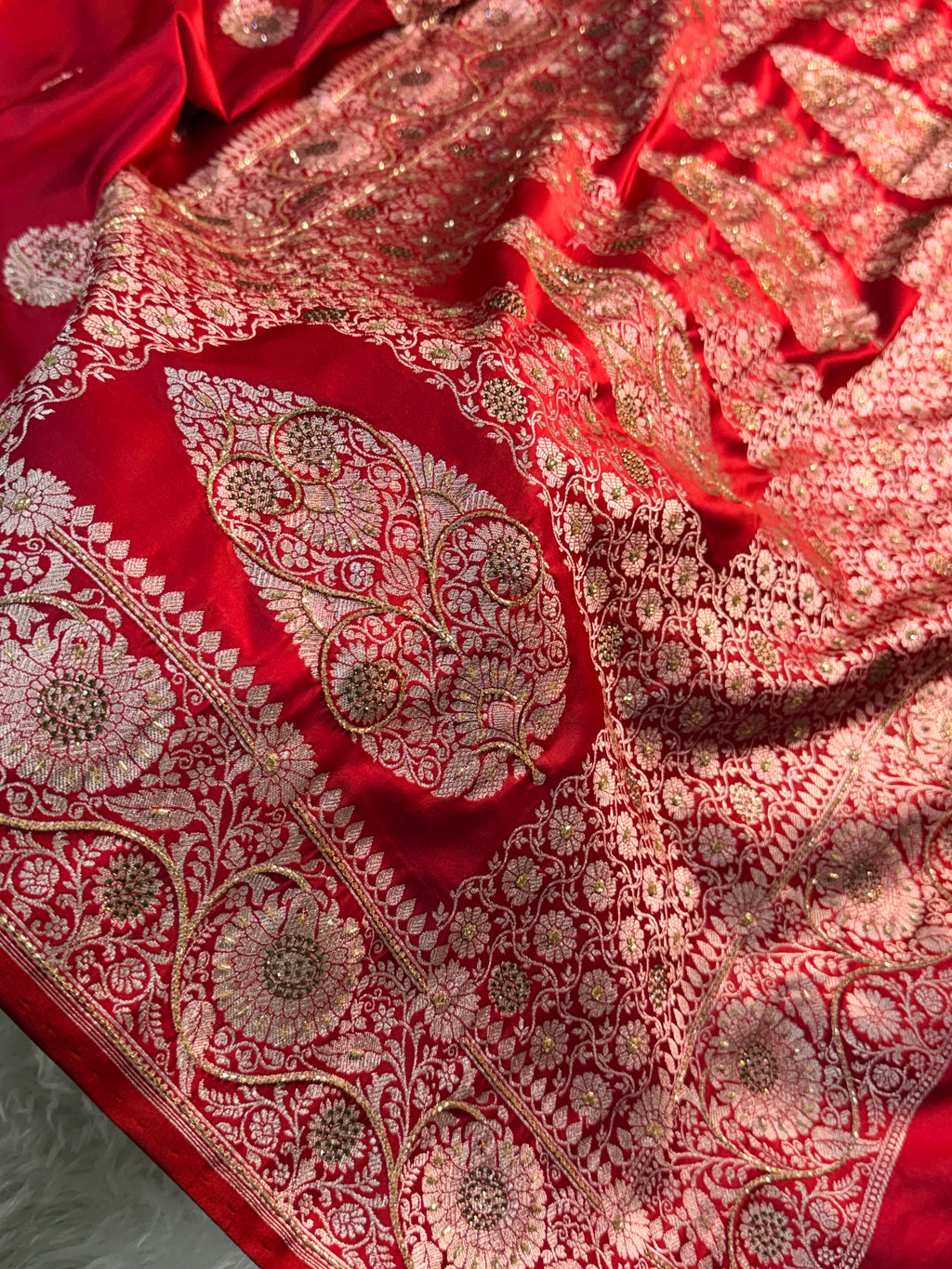 Bridal Mashru Silk Saree with Buta design in Red Color Shade with Swaroski and zardozi work