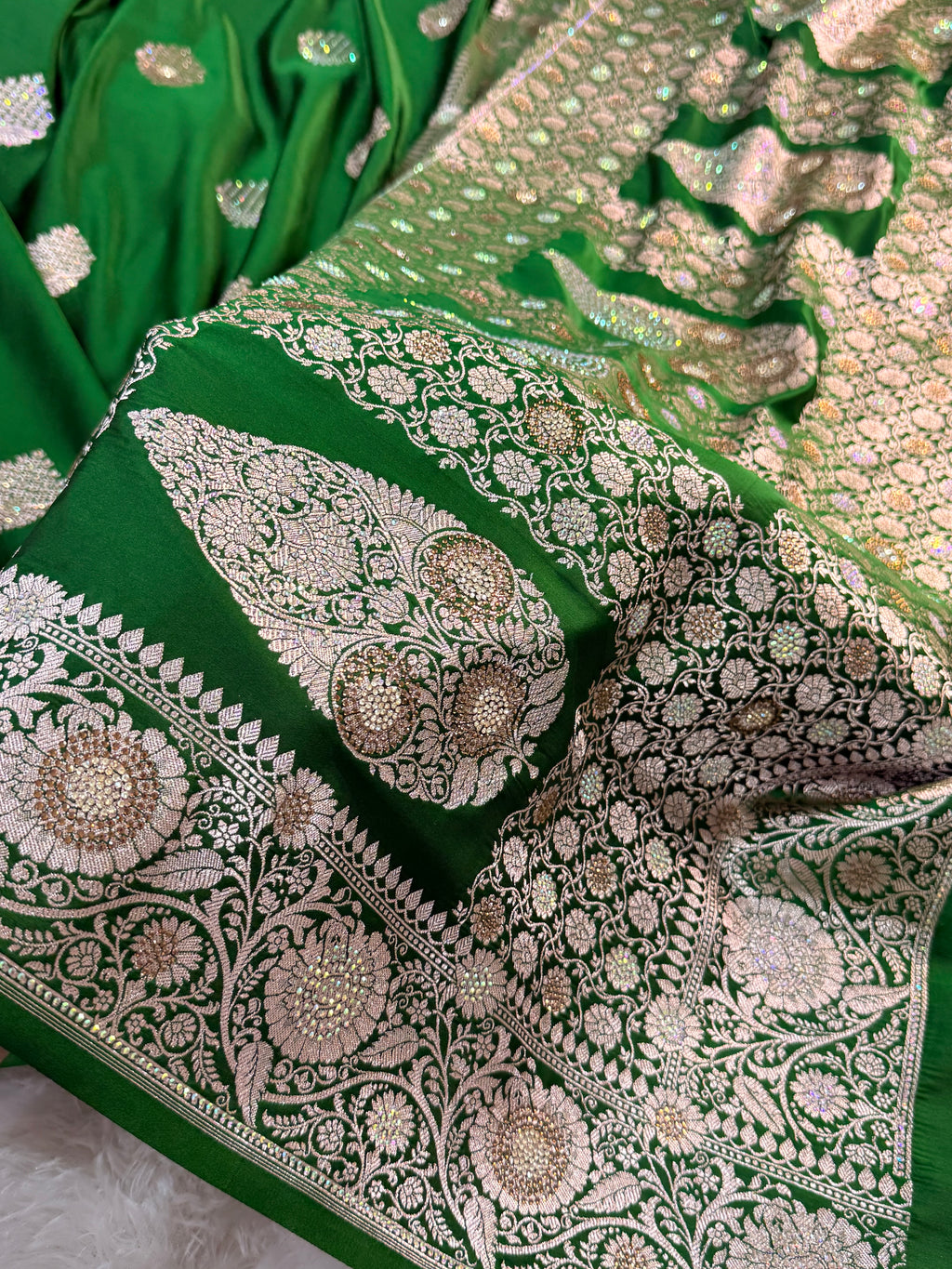 Bridal Mashru Silk Saree with Buta design in Dark Green Color Shade with Swaroski work