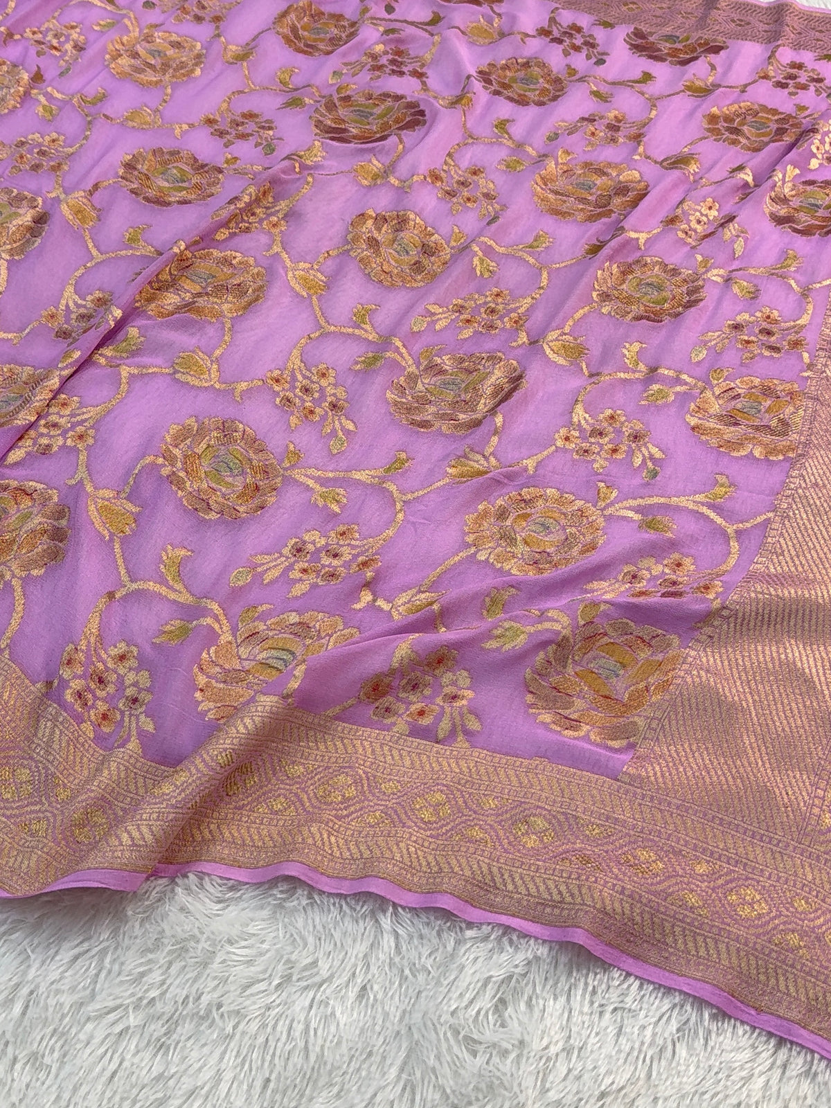 Banarasi Pure Khaddi Chiffon Saree  with Light Gold Zari Work In Floral Jaal Design with Meenakari by handbrush in Rusty Lavender Colour