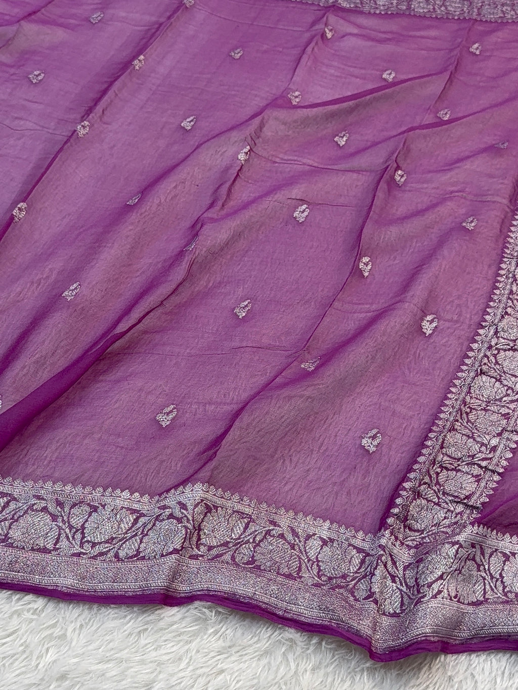 Banarasi Pure Khaddi Chiffon Saree  in Silver Zari with Small Interlocked Motifs Design in Royal Purple Colour