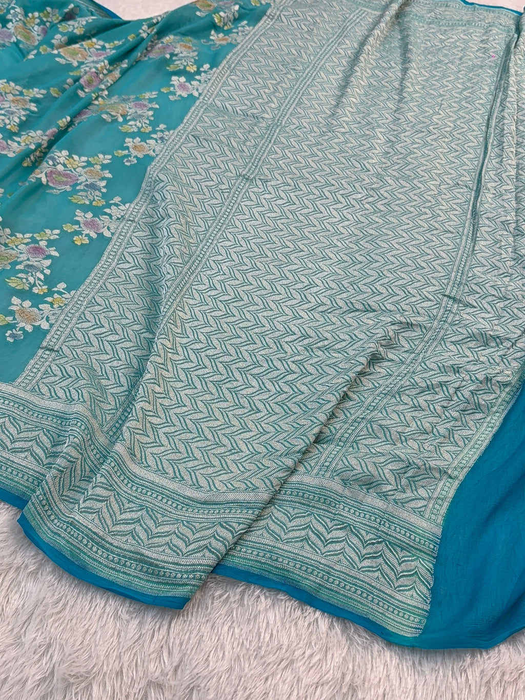 Banarasi Pure Khaddi Chiffon Saree  with Silver Zari Work In Floral Jaal Design with Meenakari by handbrush in Sea Green Colour