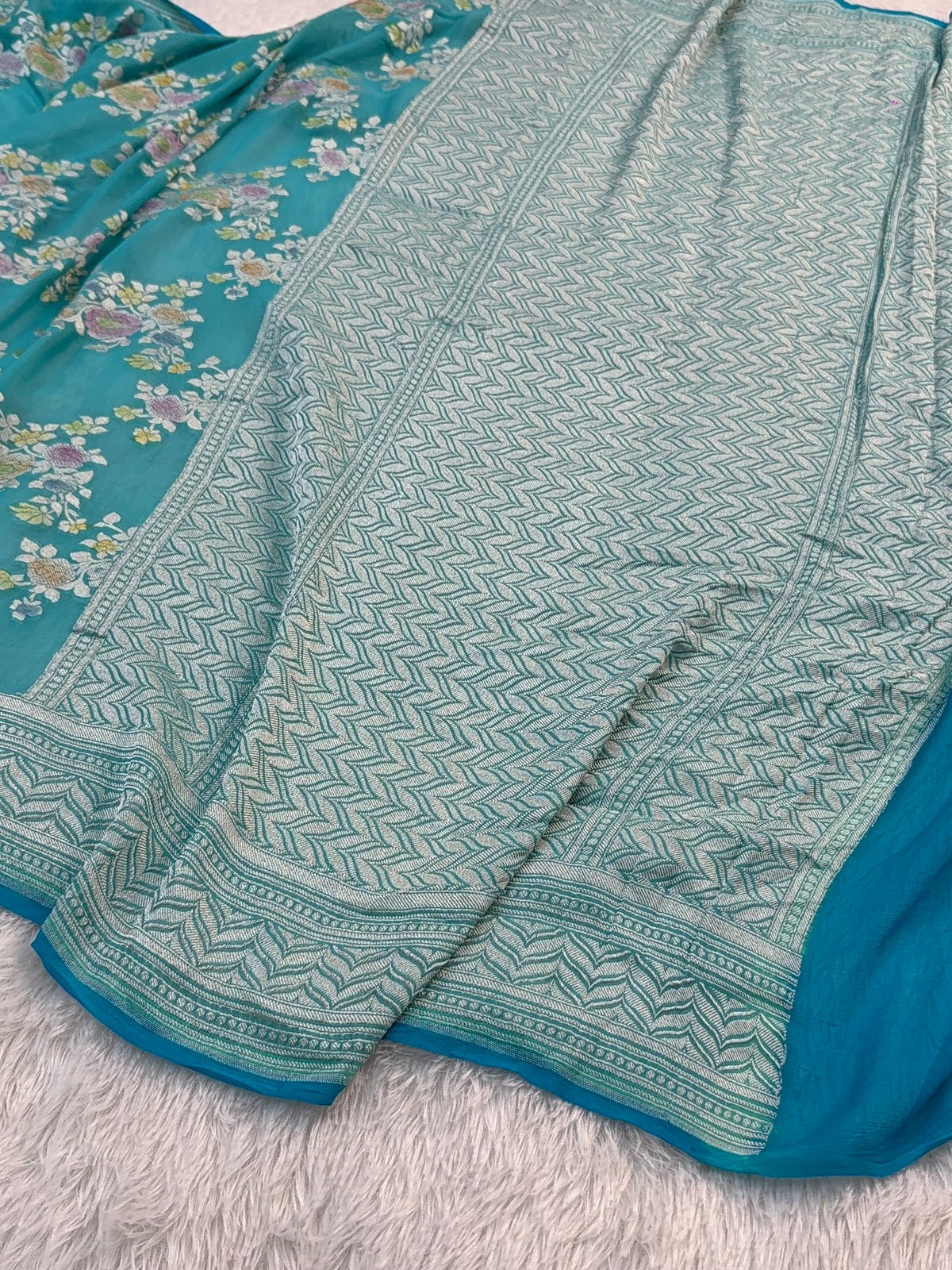 Banarasi Pure Khaddi Chiffon Saree  with Silver Zari Work In Floral Jaal Design with Meenakari by handbrush in Sea Green Colour