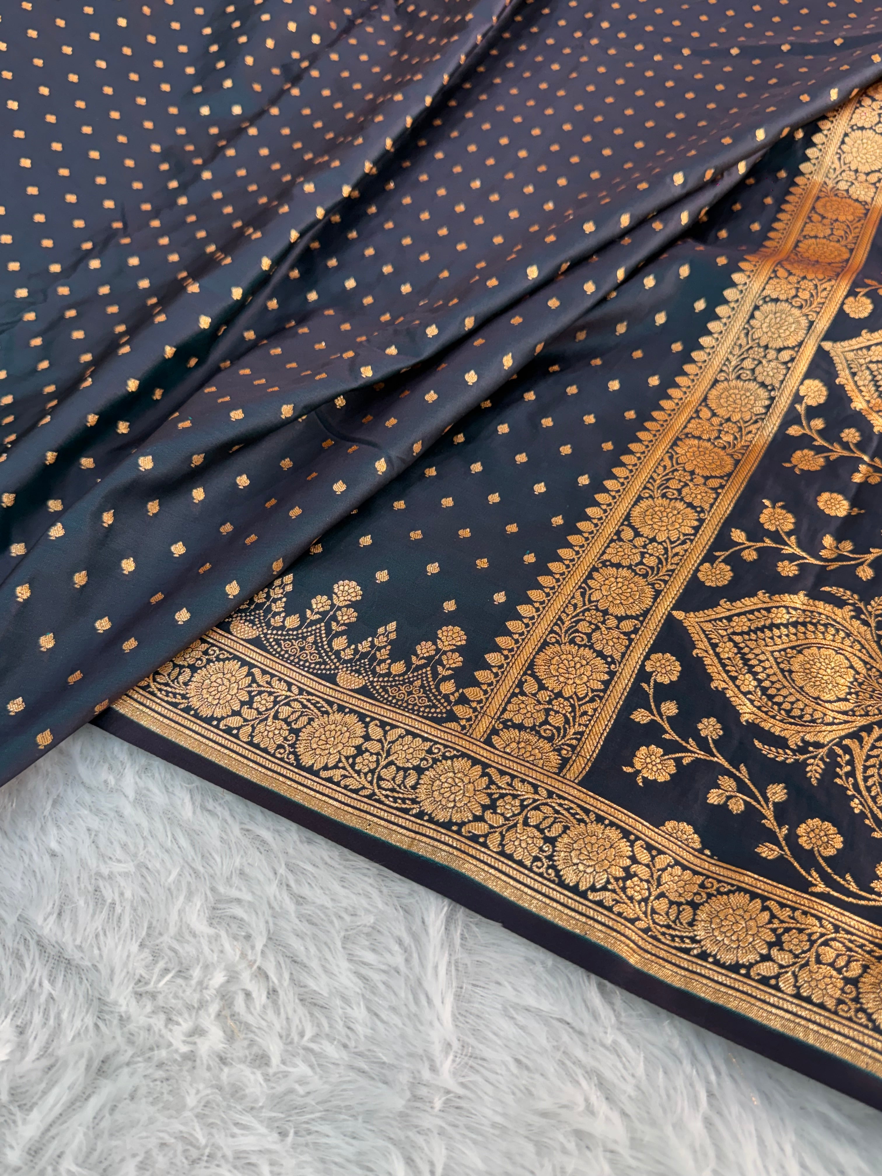 Mashru katan Silk Saree With Buti Design In peacock Colour