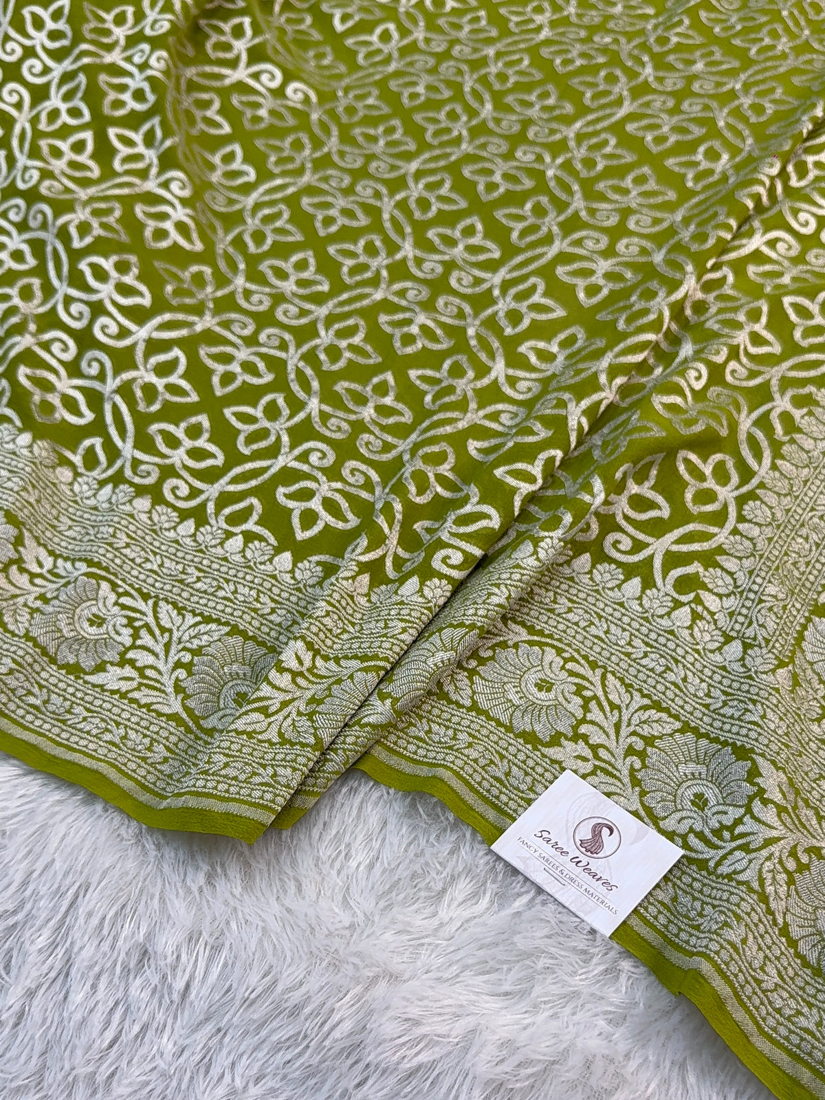Banarasi Pure Khaddi Chiffon Saree in Zari Jaal  Design in Rusty Green Colour